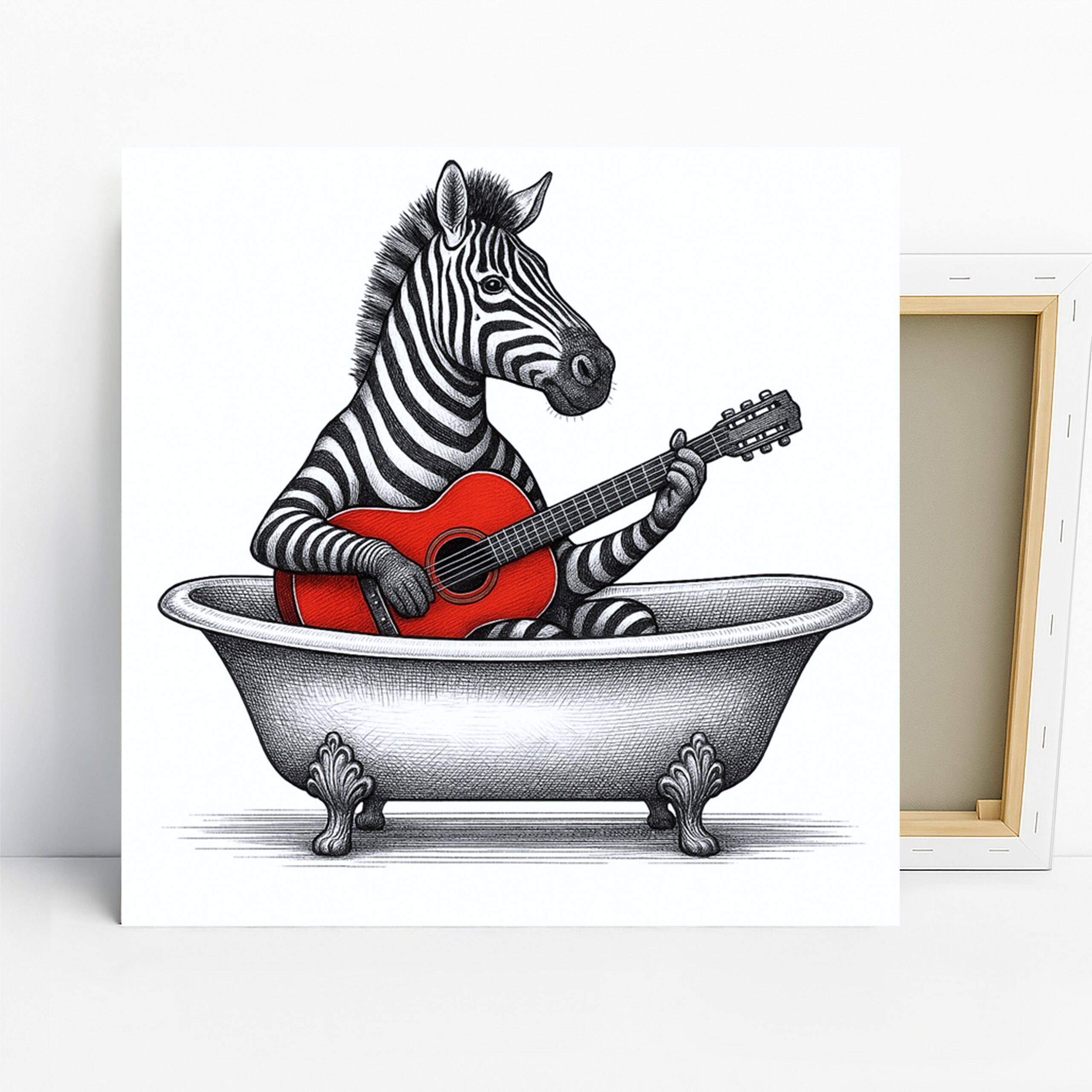 Zebra Guitar Art, Canvas or Poster, Whimsical Contemporary Decor, Bathroom Living Room Bedroom Children’s Room Wall Art, Black White Red