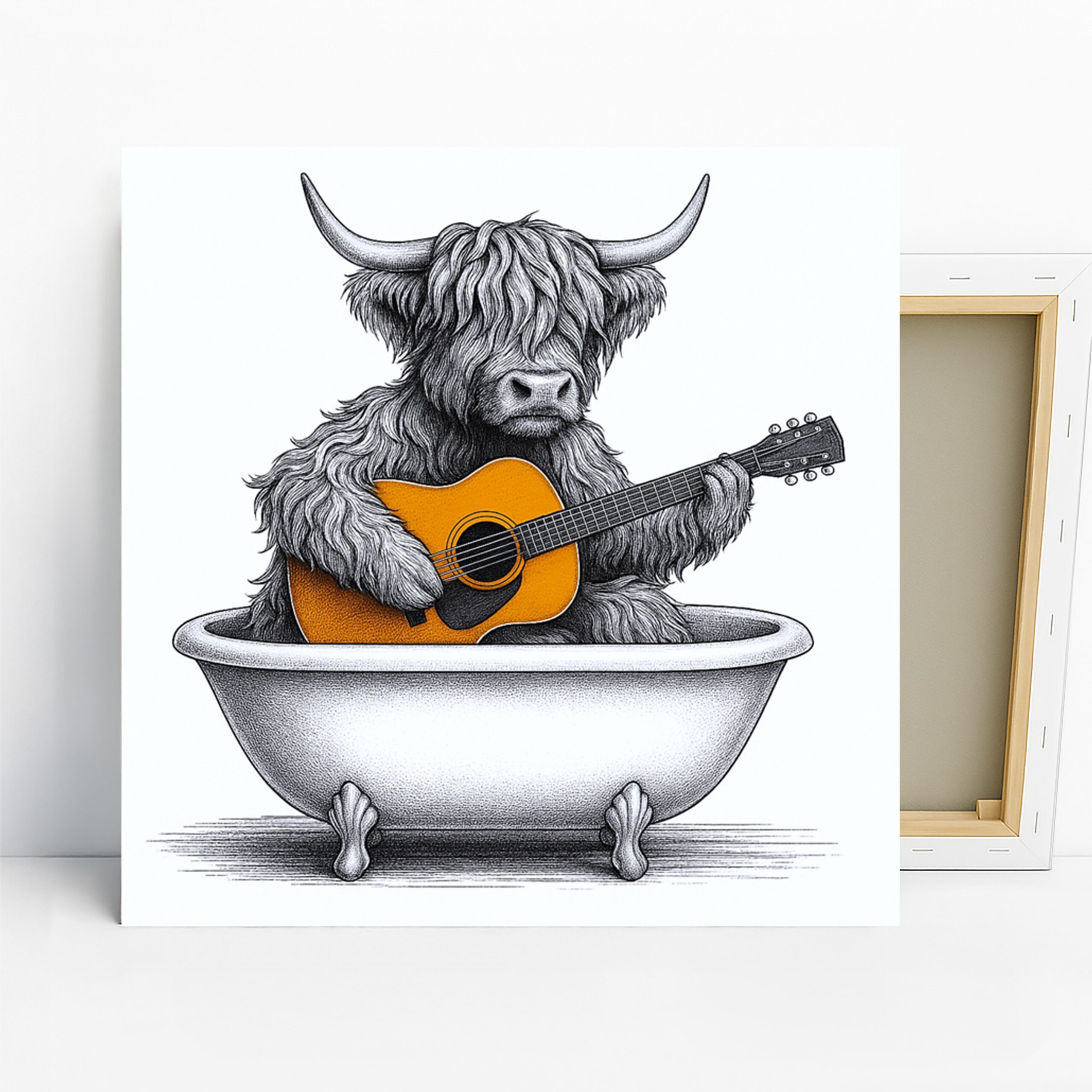 Highland Cow Art, Canvas or Poster, Whimsical Rustic Decor, Bathroom Living Room Office Bedroom Wall Art, Brown Orange White and Black