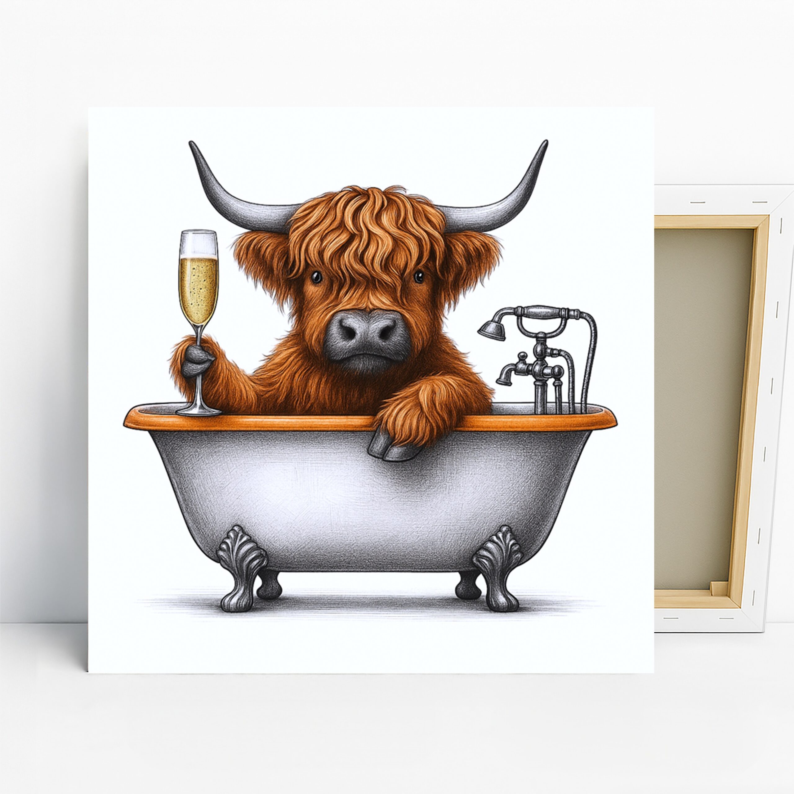 Highland Cow Art, Canvas or Poster, Whimsical Rustic Decor, Bathroom Living Room Dining Room Wall Art, Brown White Gold Black Colorful