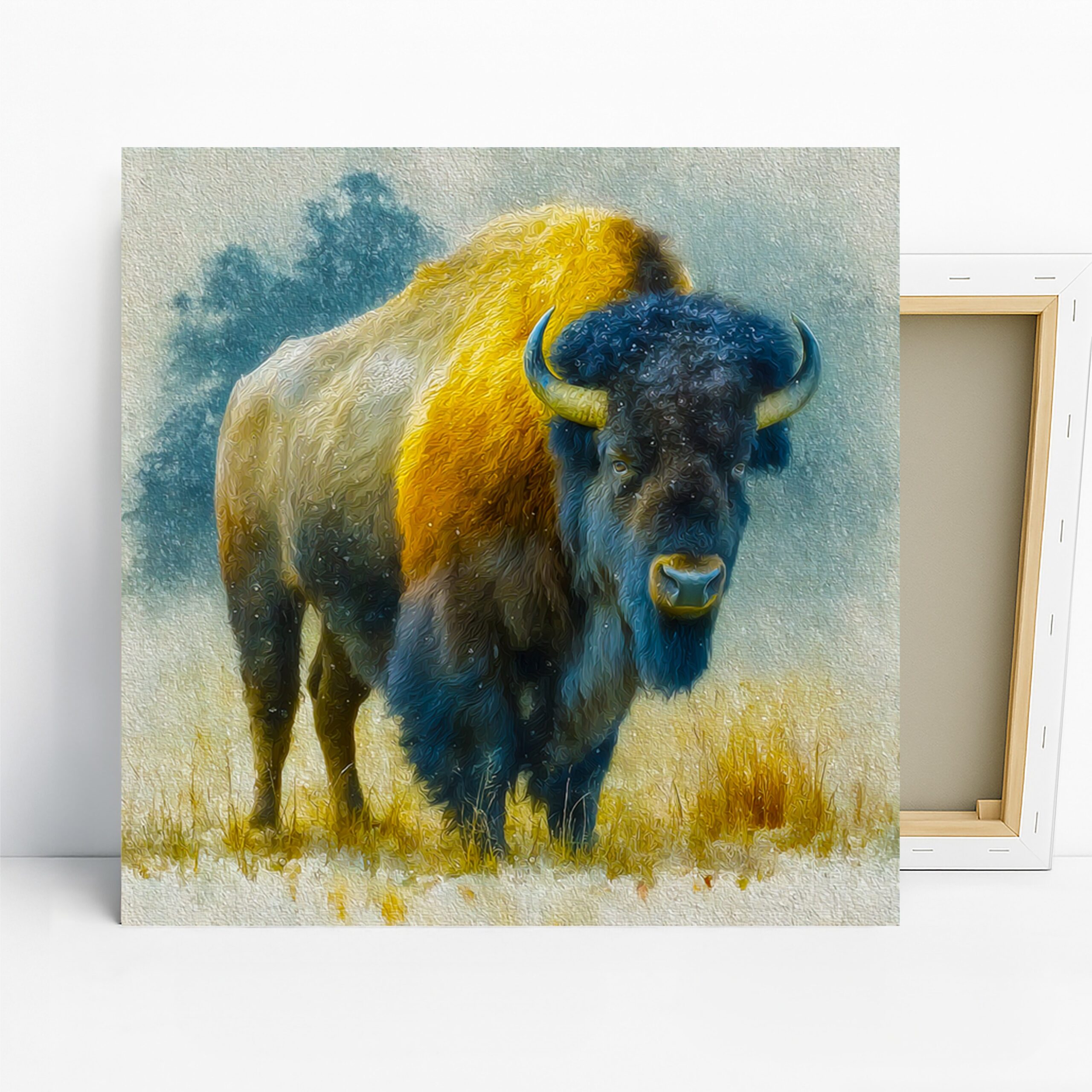 Bison Art, Canvas or Poster, Contemporary Rustic Decor, Living Room Office Bedroom Dining Room Wall Art, Yellow Blue Brown White