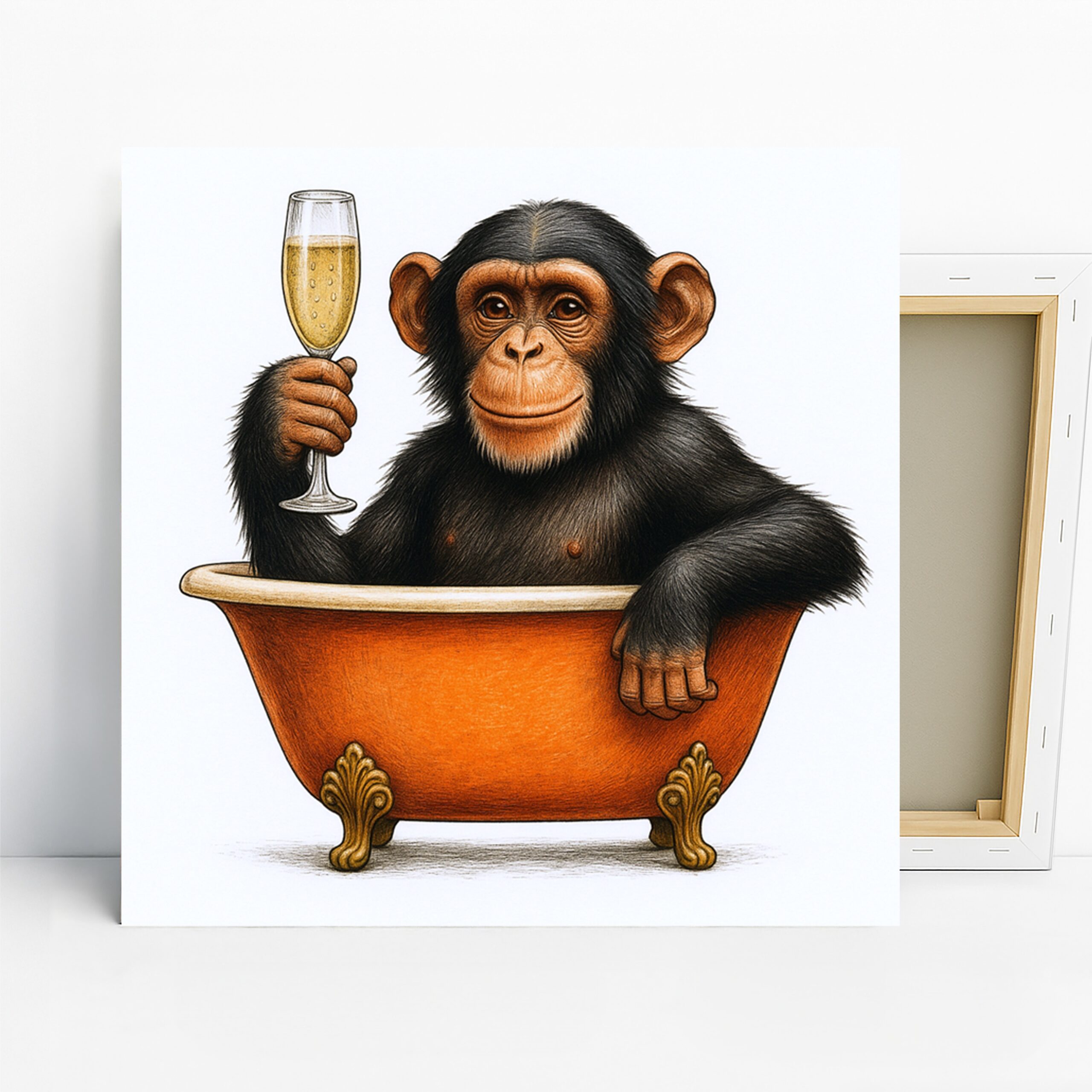 Chimpanzee Art, Canvas or Poster, Whimsical Modern Decor, Living Room Home Bar Dining Room Wall Art, Black Orange Yellow Brown