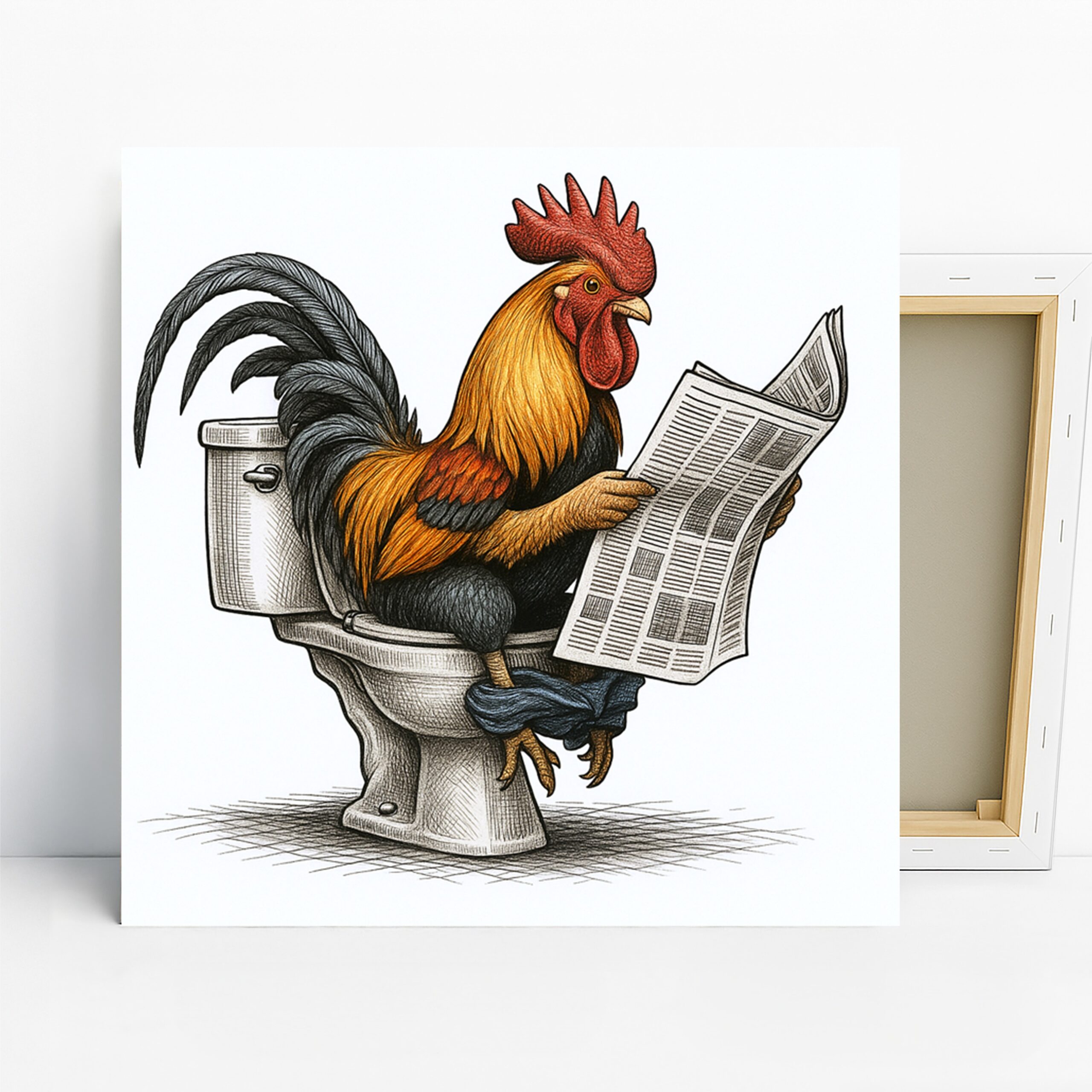Rooster Art, Canvas or Poster, Whimsical Farmhouse Decor, Bathroom Office Kitchen Wall Art, Orange Red Black and White