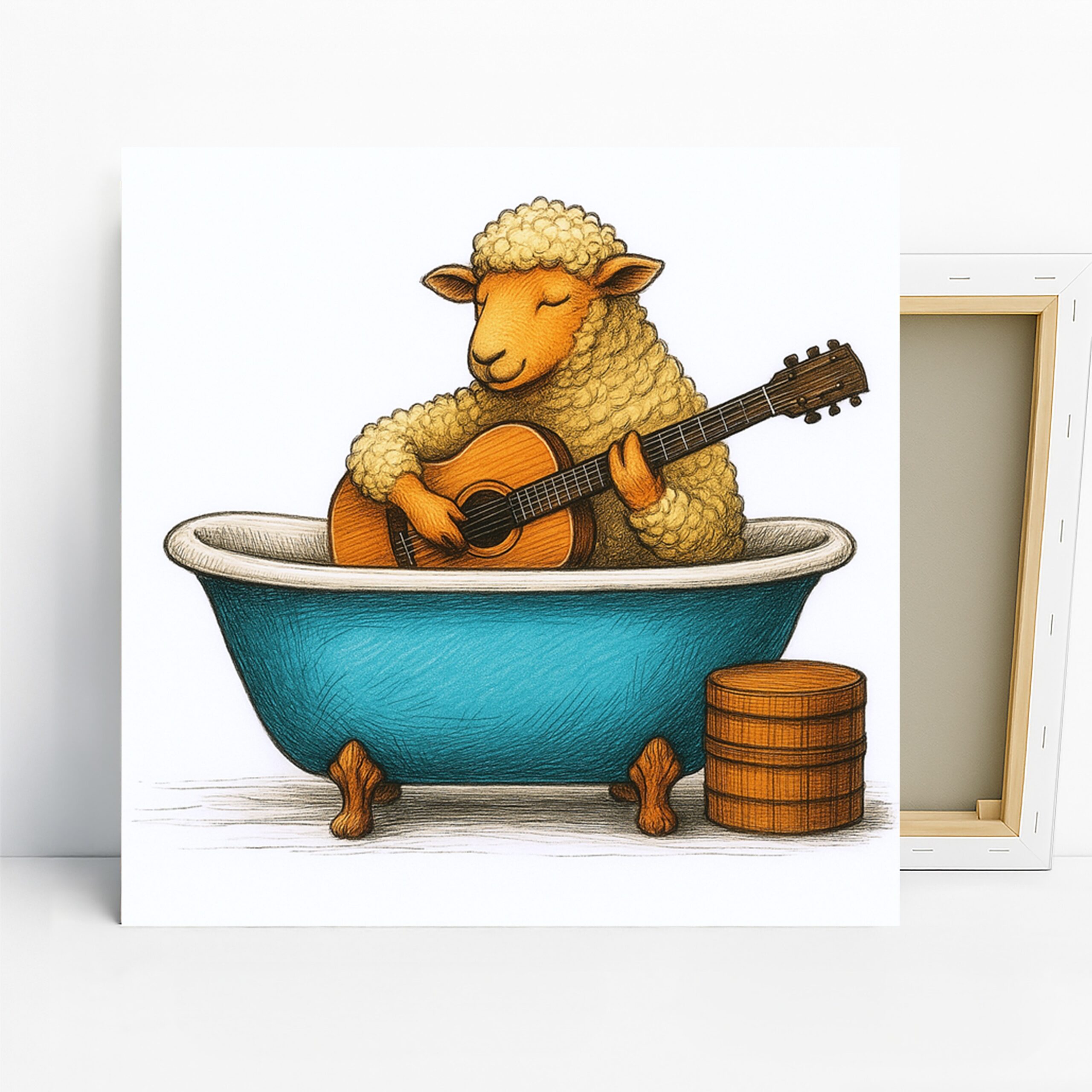 Sheep Art, Canvas or Poster, Whimsical Rustic Decor, Bathroom Living Room Children’s Room Wall Art, Yellow Blue Brown and White