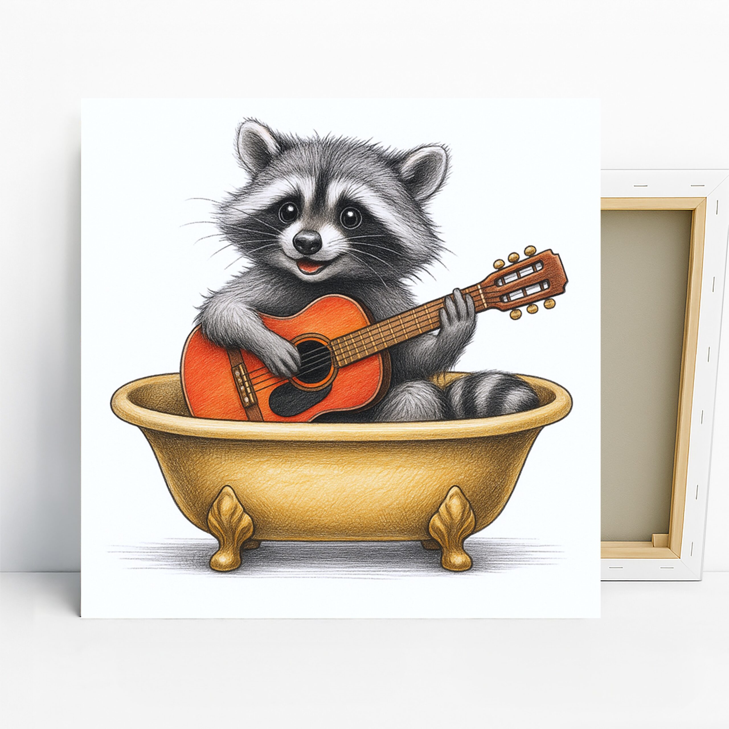 Raccoon Guitar Art, Canvas or Poster, Whimsical Contemporary Decor, Living Room Children’s Room Bedroom Wall Art, Grey Orange Brown Yellow