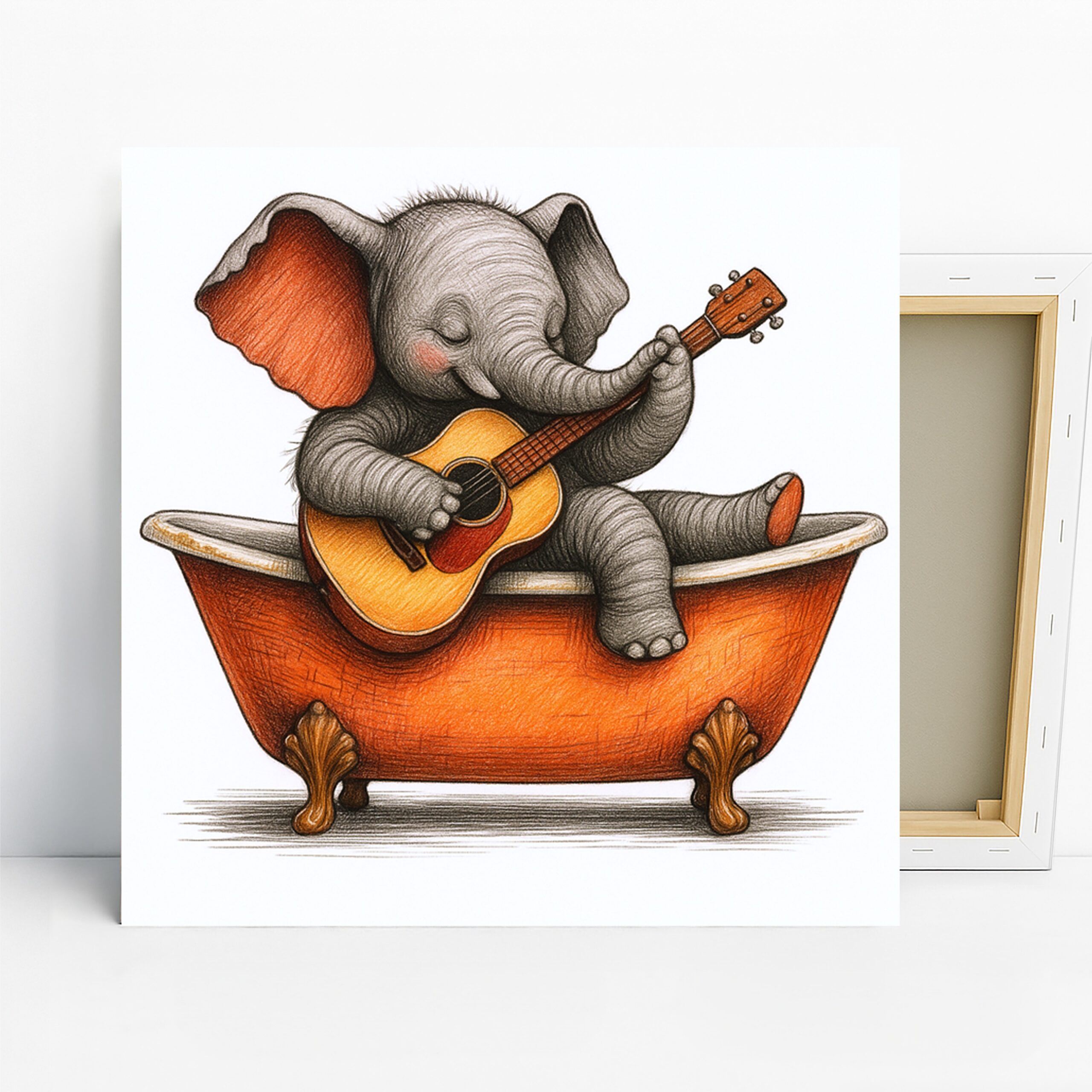 Elephant Guitar Bath Art, Canvas or Poster, Whimsical Contemporary Decor, Children’s Room Living Room Wall Art, Orange Grey Yellow Brown