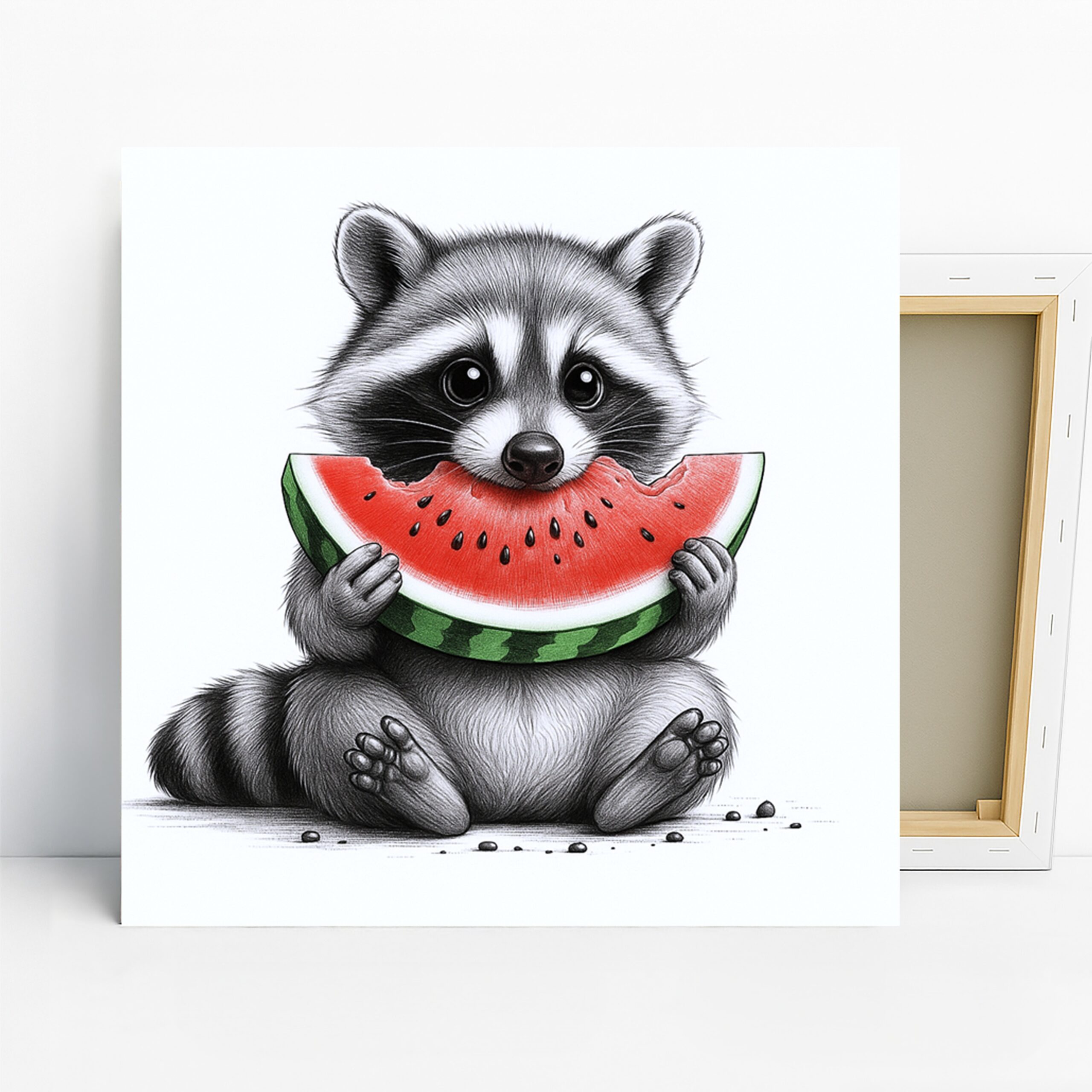 Raccoon Art, Canvas or Poster, Whimsical Contemporary Decor, Kitchen Dining Room Nursery Wall Art, Black White Red Green Colorful Print