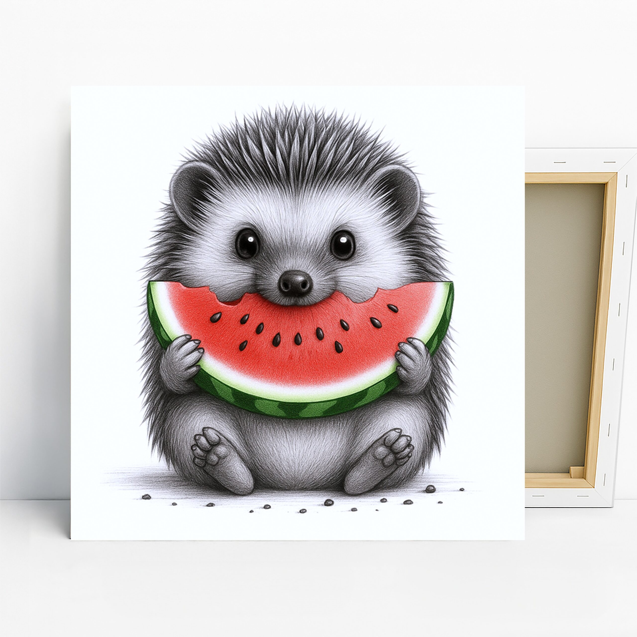 Hedgehog Watermelon Art, Canvas or Poster, Whimsical Contemporary Decor, Children’s Room Living Room Kitchen Wall Art, Grey Red Green White