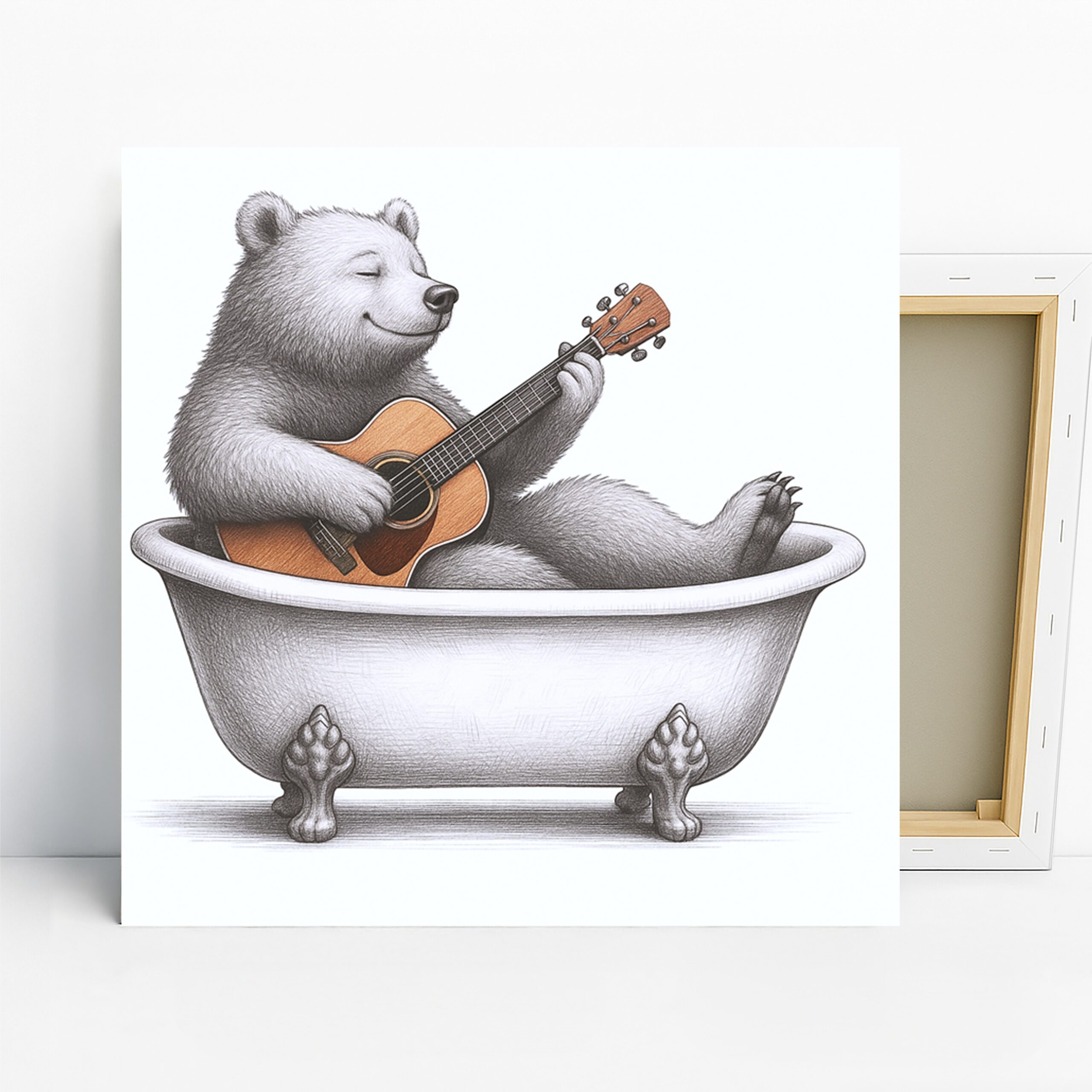 Bear Guitar Art, Canvas or Poster, Whimsical Contemporary Decor, Bathroom Living Room Bedroom Game Room Wall Art, Brown Grey Beige