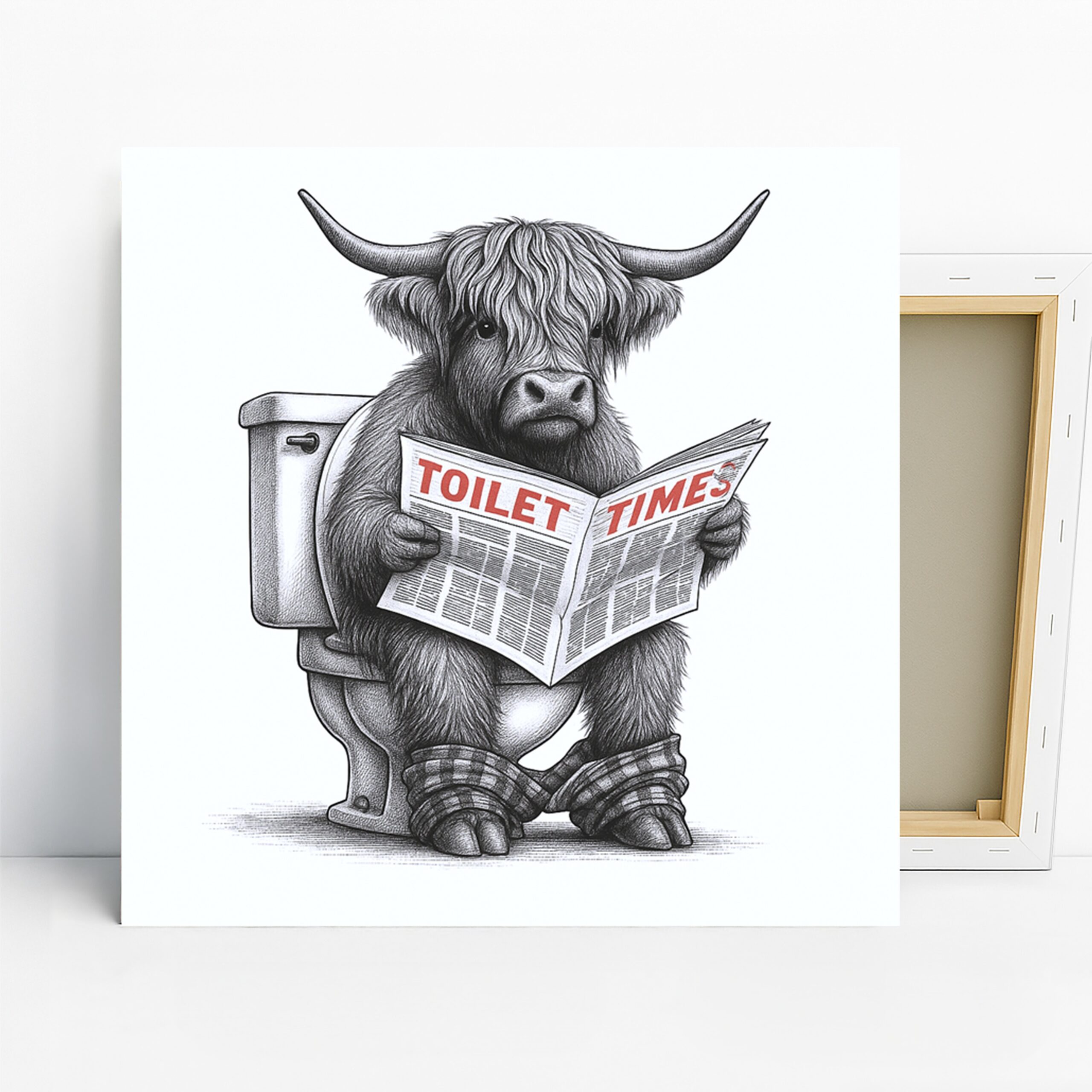 Highland Cow Art, Canvas or Poster, Whimsical Contemporary Decor, Bathroom Office Living Room Game Room Wall Art, Black White Red