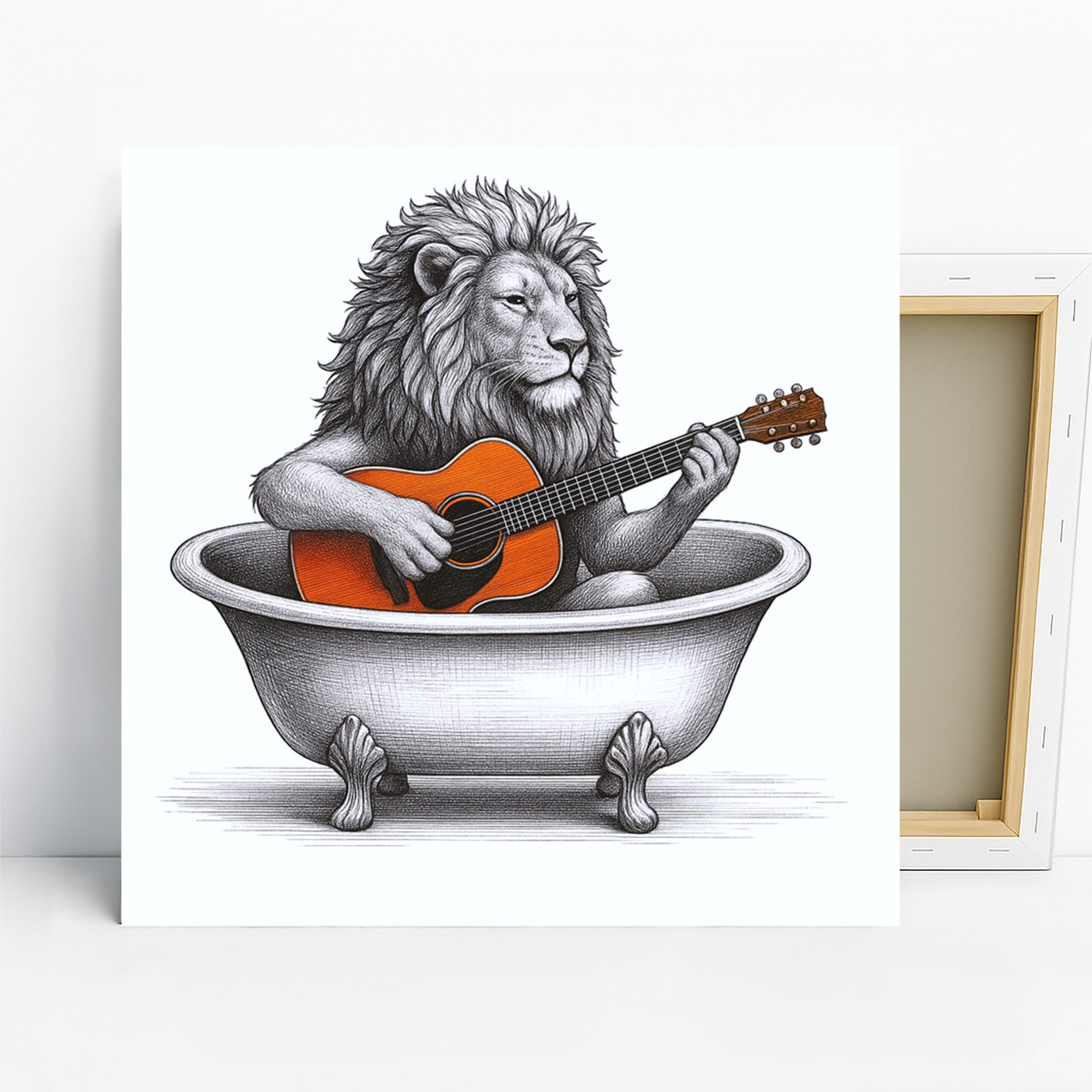 Lion Guitar Art, Canvas or Poster, Whimsical Contemporary Decor, Living Room Bedroom Bathroom Wall Art, Orange Brown Black White