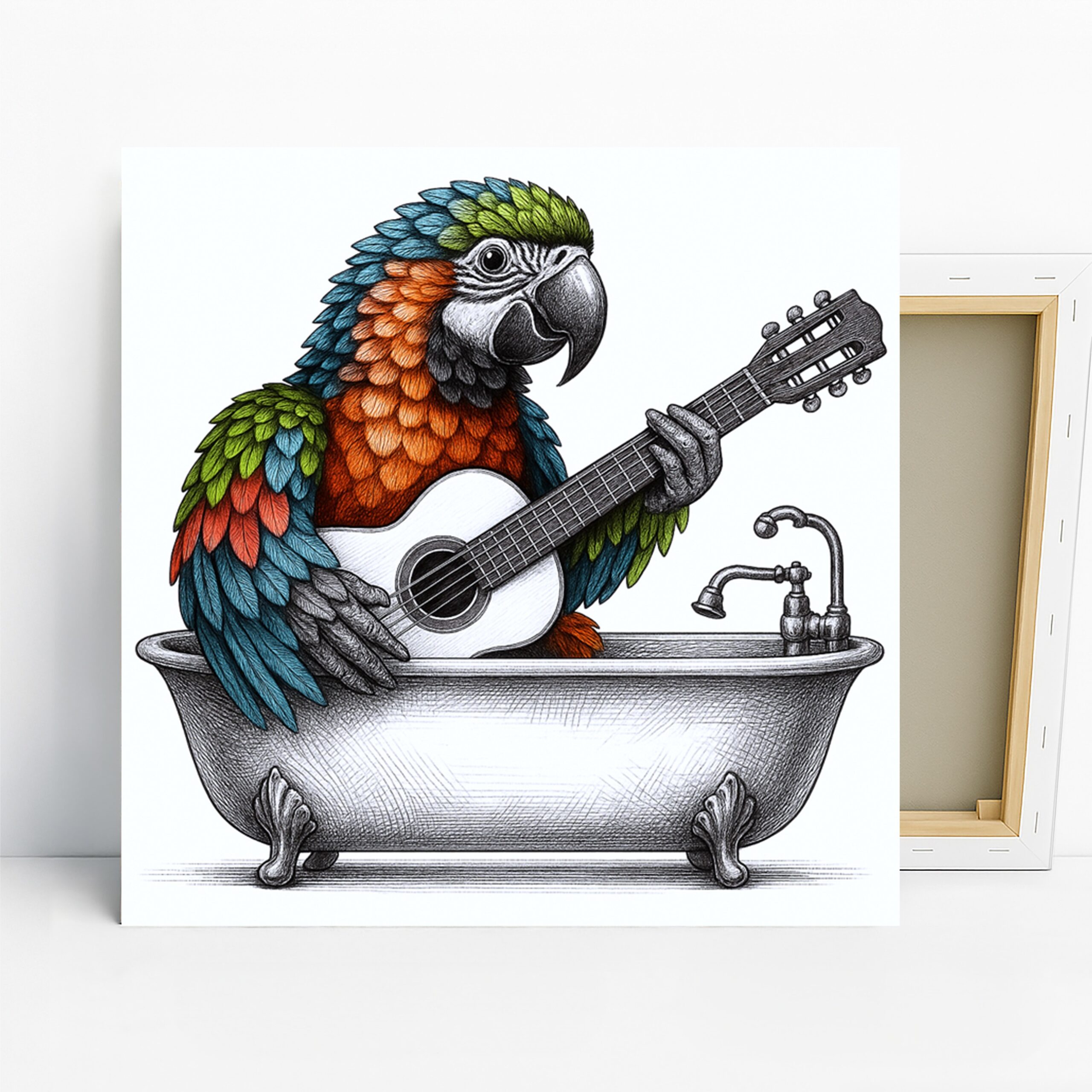 Parrot Art, Canvas or Poster, Whimsical Bohemian Decor, Living Room Bathroom Children’s Room Wall Art, Colorful Blue Orange Green and White
