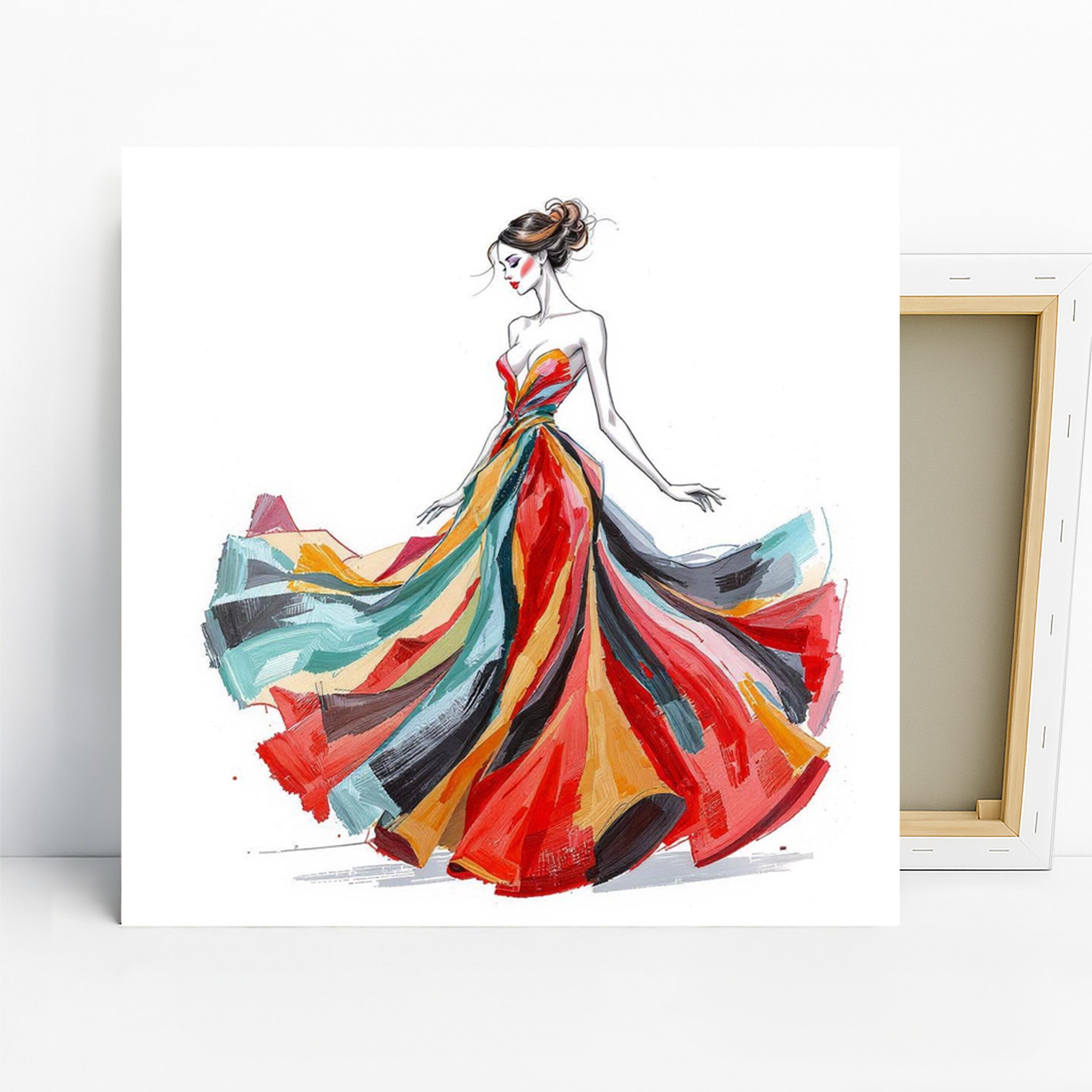 Colorful Fashion Gown Art, Canvas or Poster, Whimsical Glam Decor, Living Room Bedroom Office Wall Art, Red Blue Yellow Multicolor