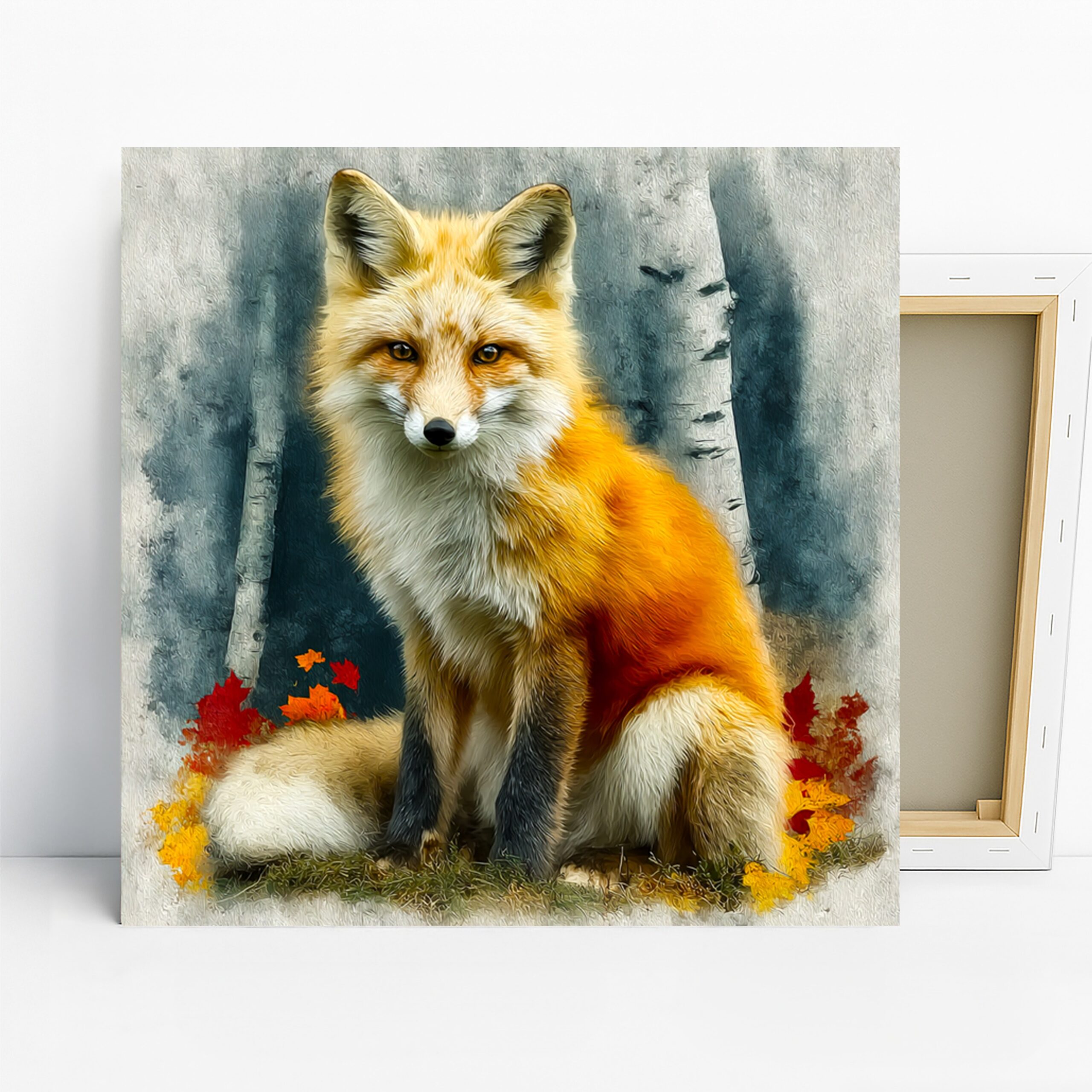 Fox Art, Canvas or Poster, Nature Rustic Decor, Living Room Bedroom Office Wall Art, Orange Blue Red and White, Autumn Animal Print