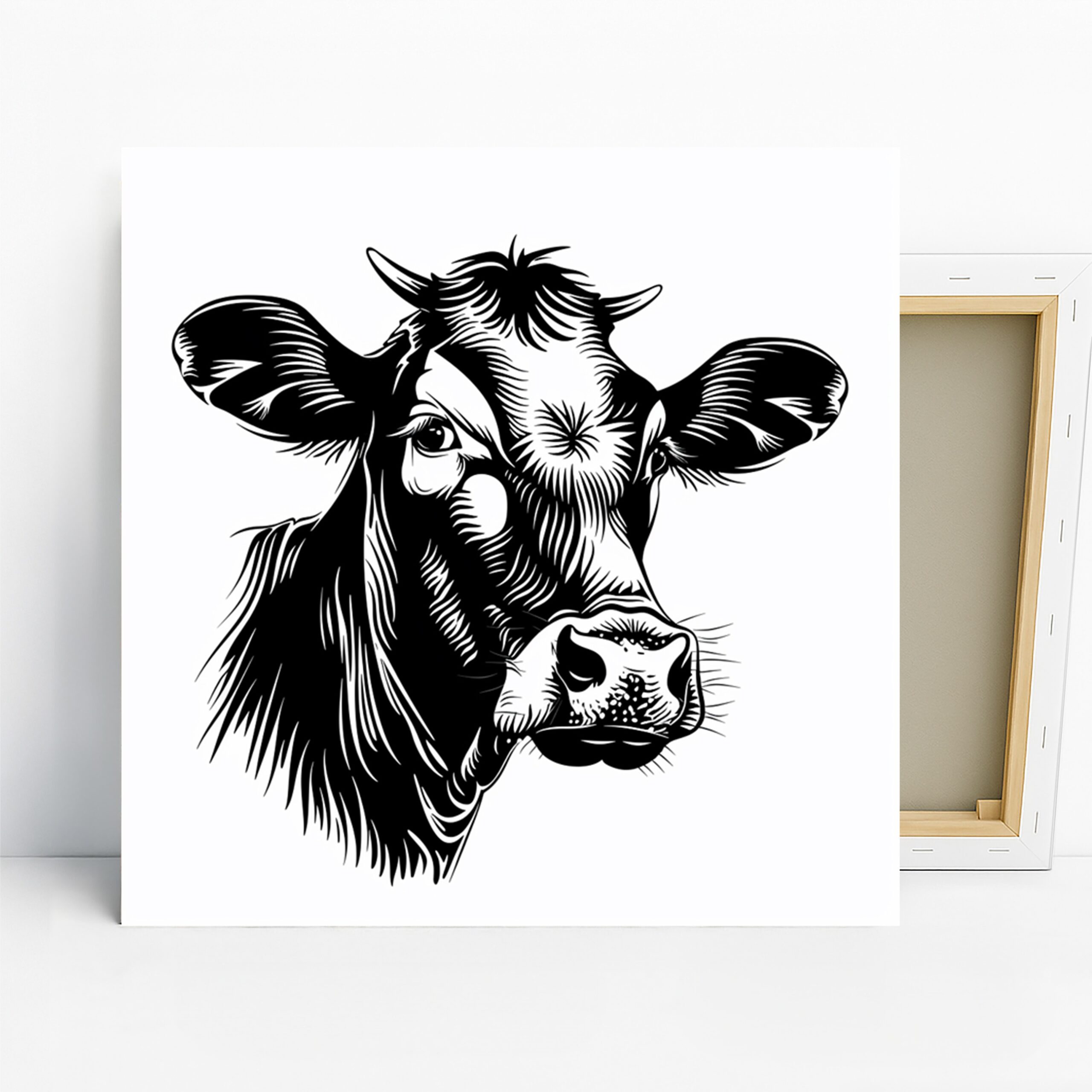 Cow Head Art, Canvas or Poster, Animal Contemporary Decor, Kitchen Dining Room Living Room Office Wall Art, Black and White