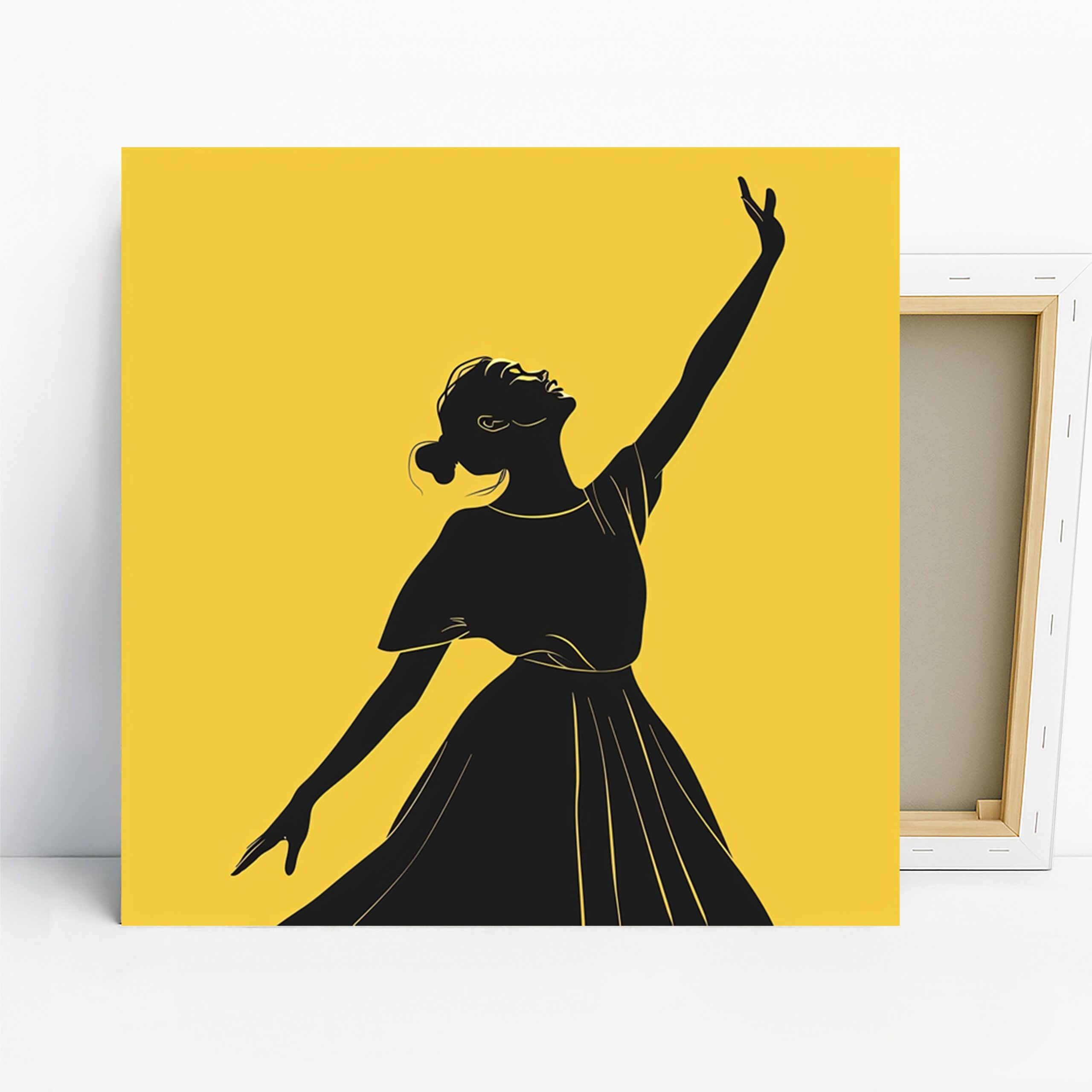 Joyful Dancer Silhouette Art, Canvas or Poster, Contemporary Minimalist Glam Decor, Living Room Bedroom Office Wall Art, Black Yellow Gold