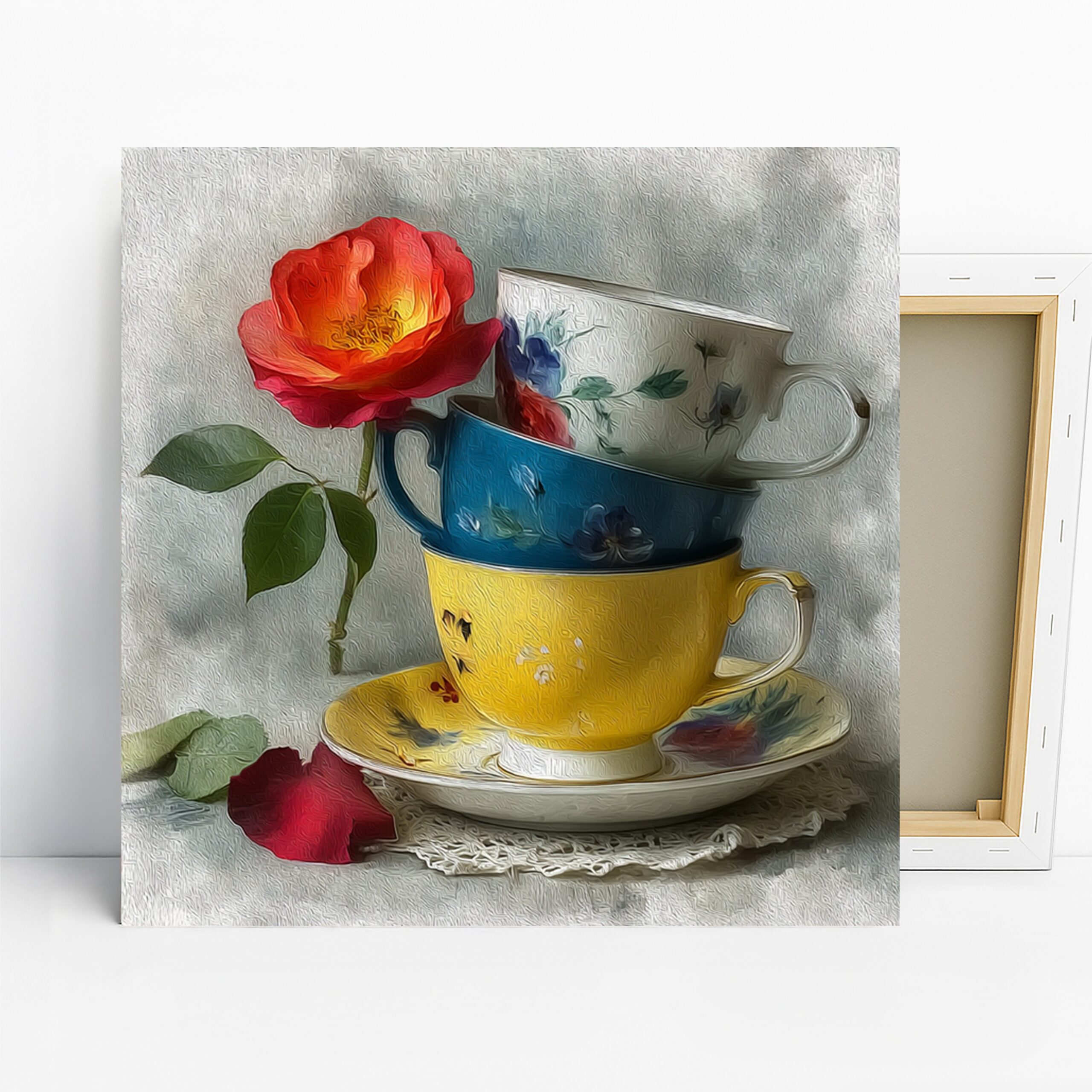 Vintage Teacup Flower Art, Canvas or Poster, Still Life Floral Decor, Dining Room Kitchen Living Room Bedroom Wall Art,Red Yellow Blue Green