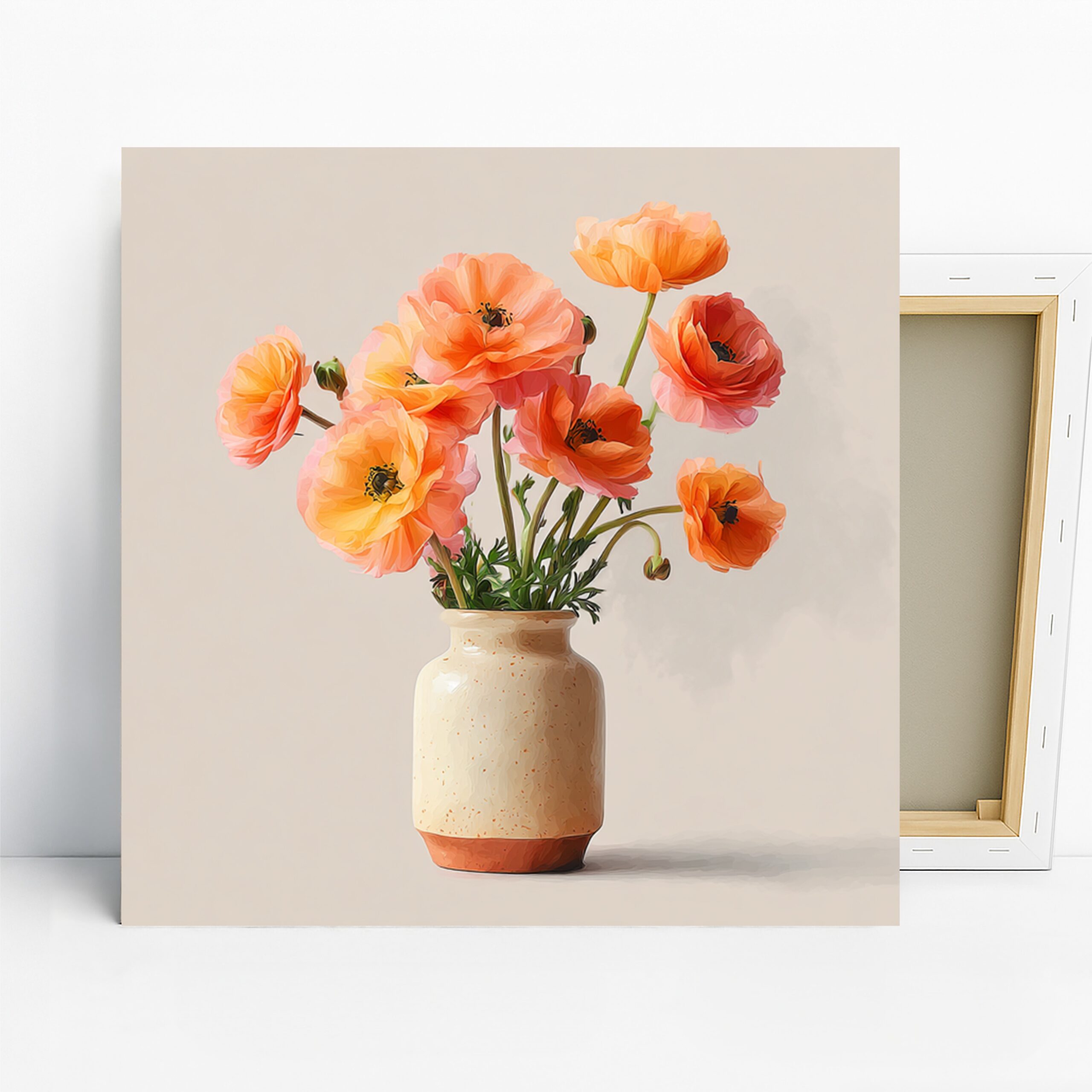 Coral Ranunculus Bouquet Art, Canvas or Poster, Modern Minimalist Decor, Living Room Bedroom Dining Room Wall Art, Pink Orange Green White