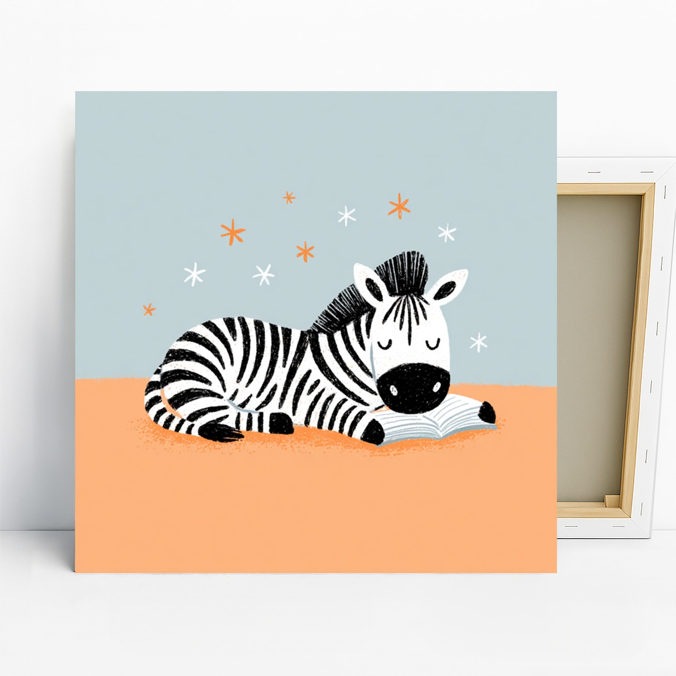 Zebra Reading Art, Canvas or Poster, Whimsical Minimalist Decor, Children’s Room Nursery Library Office Wall Art, Black White Orange Blue