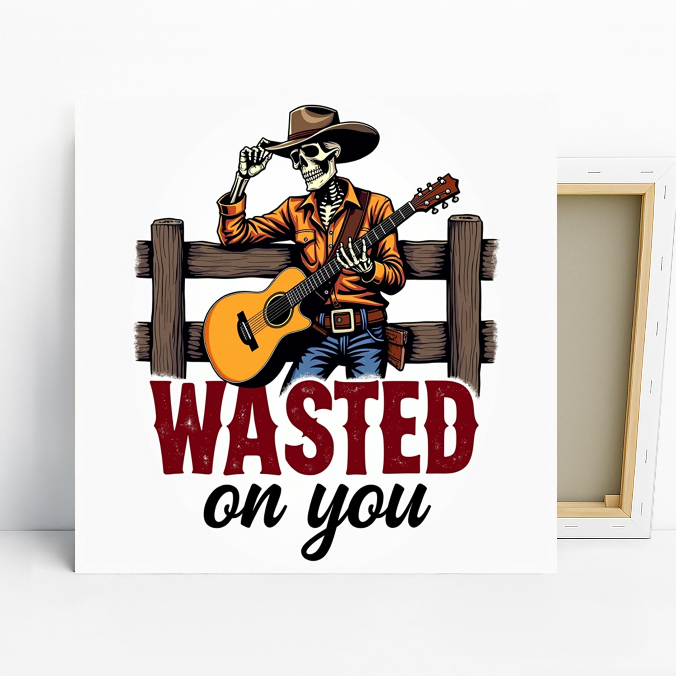 Cowboy Skeleton Art, Canvas or Poster, Vintage Rustic Decor, Living Room Game Room Office Wall Art, Orange Brown Blue Red Colors