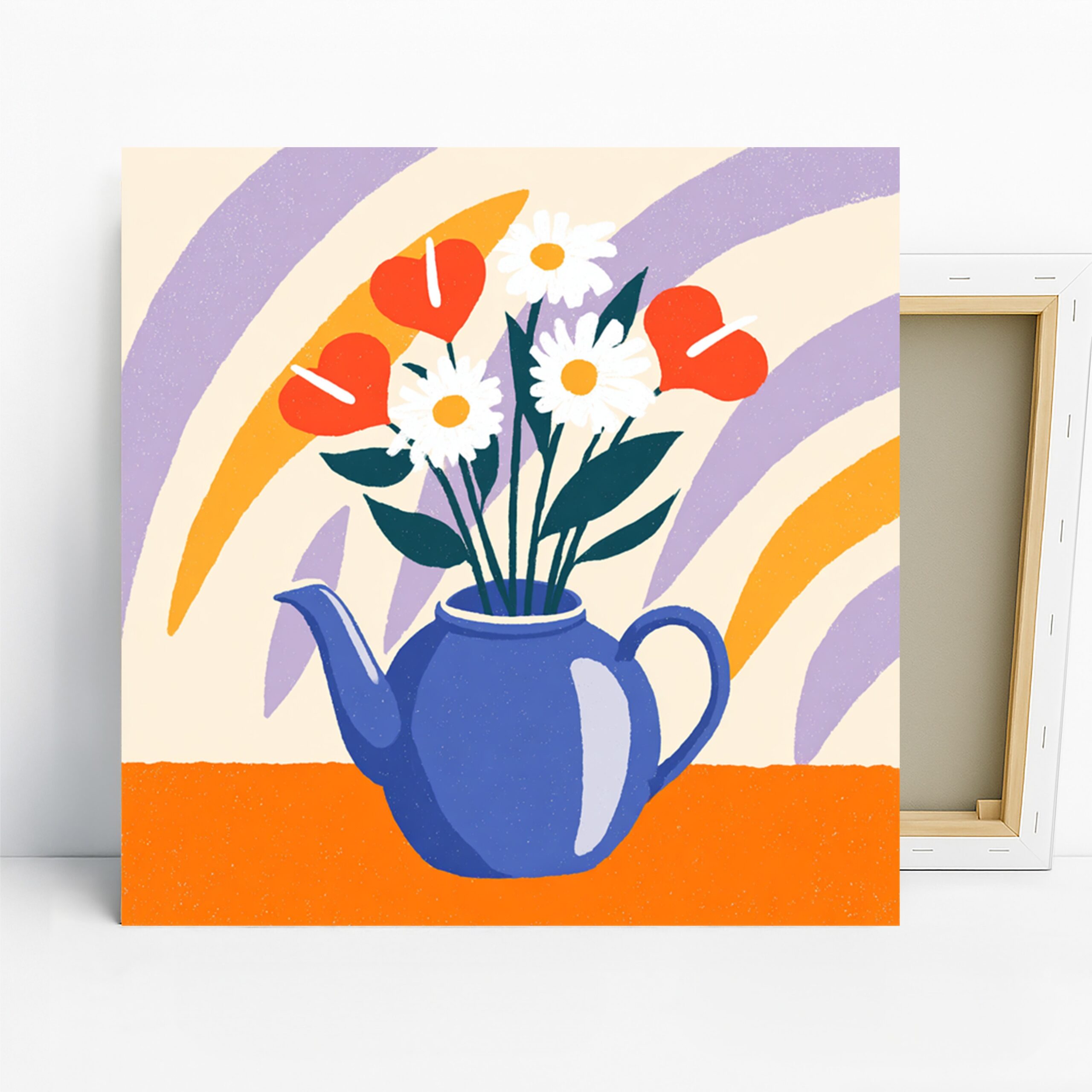 Teapot Flower Bouquet Art, Canvas or Poster, Whimsical  Decor, Kitchen Dining Room Living Room Bedroom Wall Art, Blue Orange White Purple