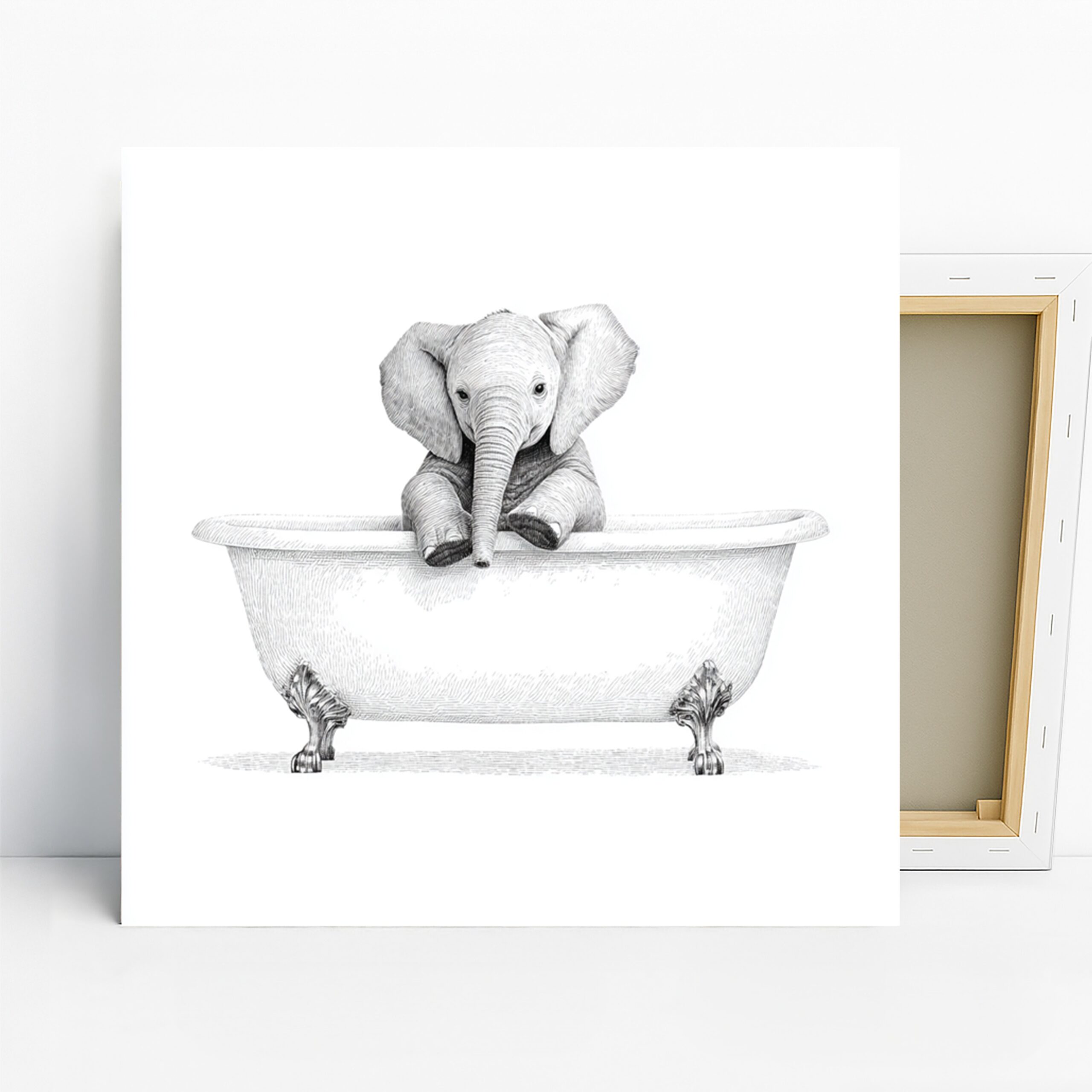 Baby Elephant Bathtub Art, Canvas or Poster, Whimsical Animal Modern Decor, Nursery Bathroom Children’s Room Wall Art, Grey White Black