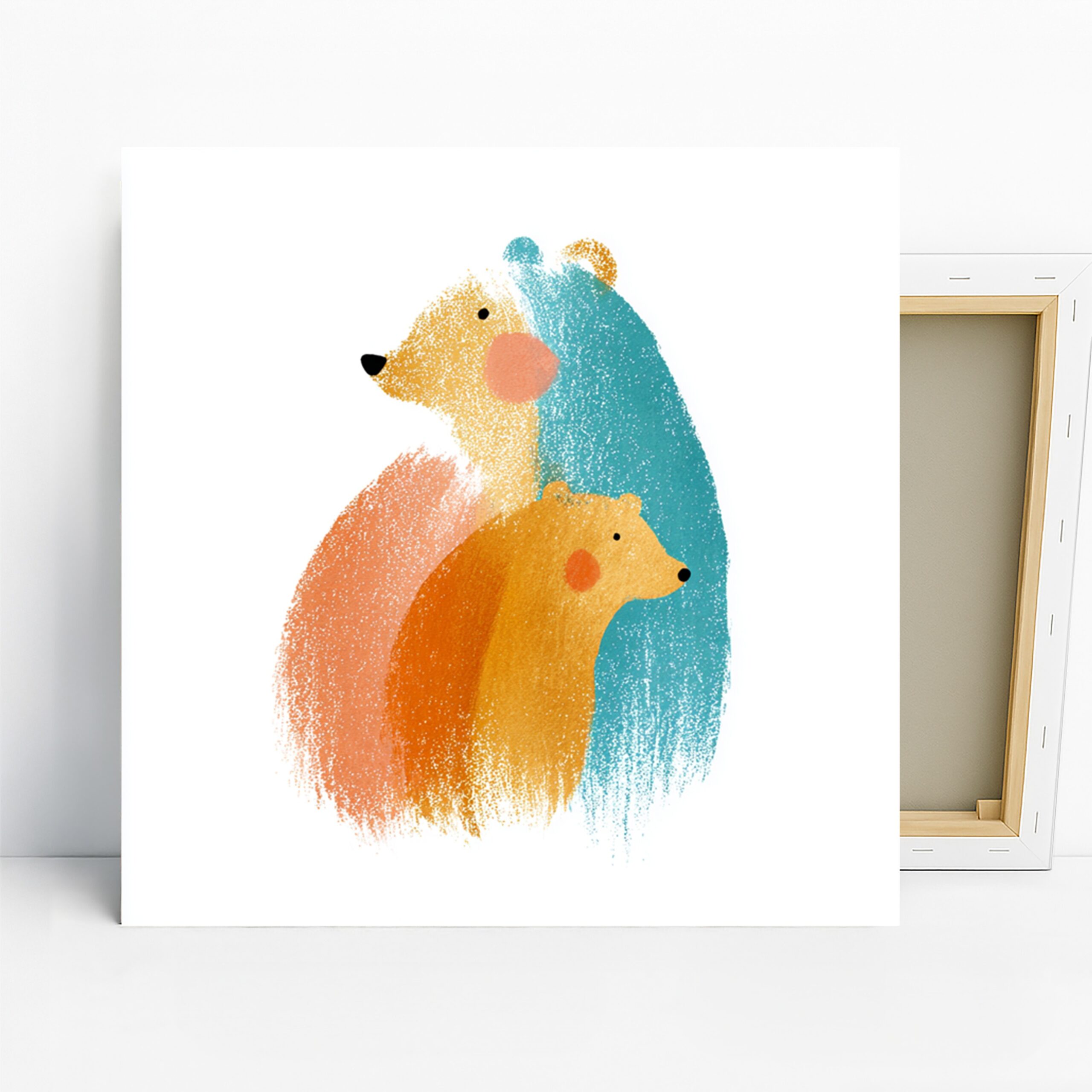 Bear Family Art, Canvas or Poster, Whimsical Contemporary Decor, Nursery Children’s Living Room Bedroom Wall Art, Blue Yellow Orange Pink