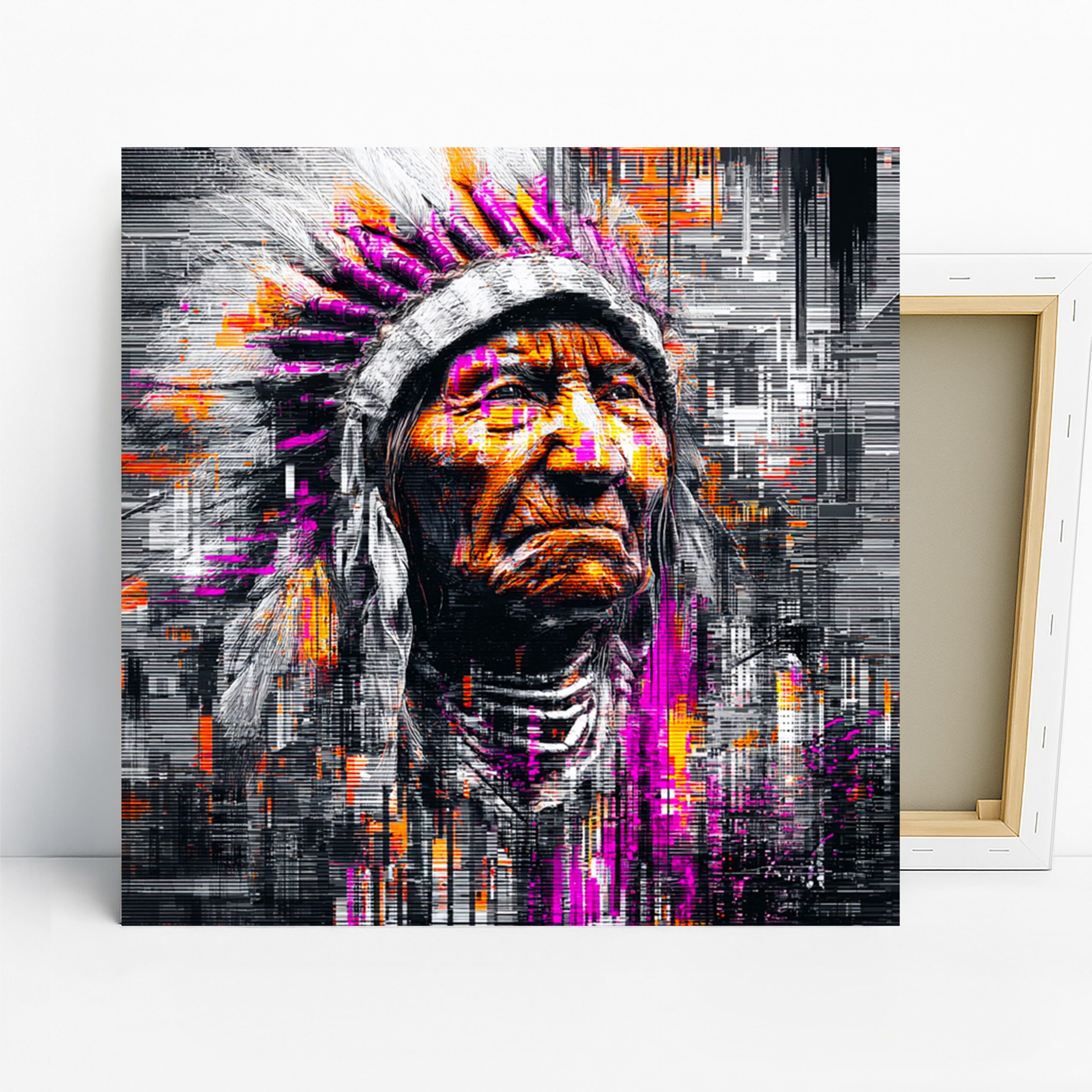 Native American Chief Art, Canvas or Poster, Street Art Contemporary Decor, Living Room Bedroom Game Room Wall Art,Purple Orange Black White