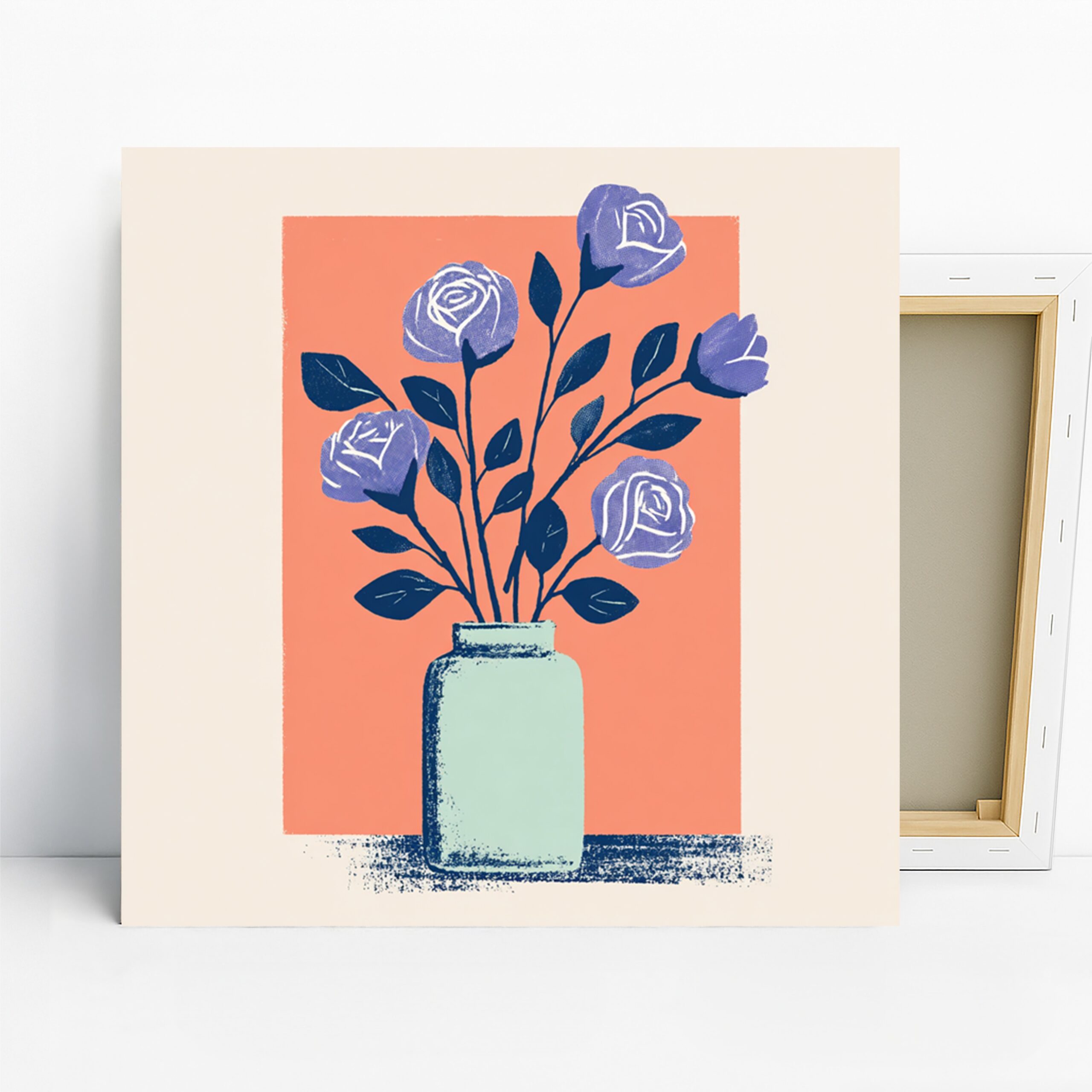 Retro Rose Vase Art, Canvas or Poster, Floral Contemporary Decor, Living Room Bedroom Office Dining Room Wall Art, Blue Coral Mint Navy