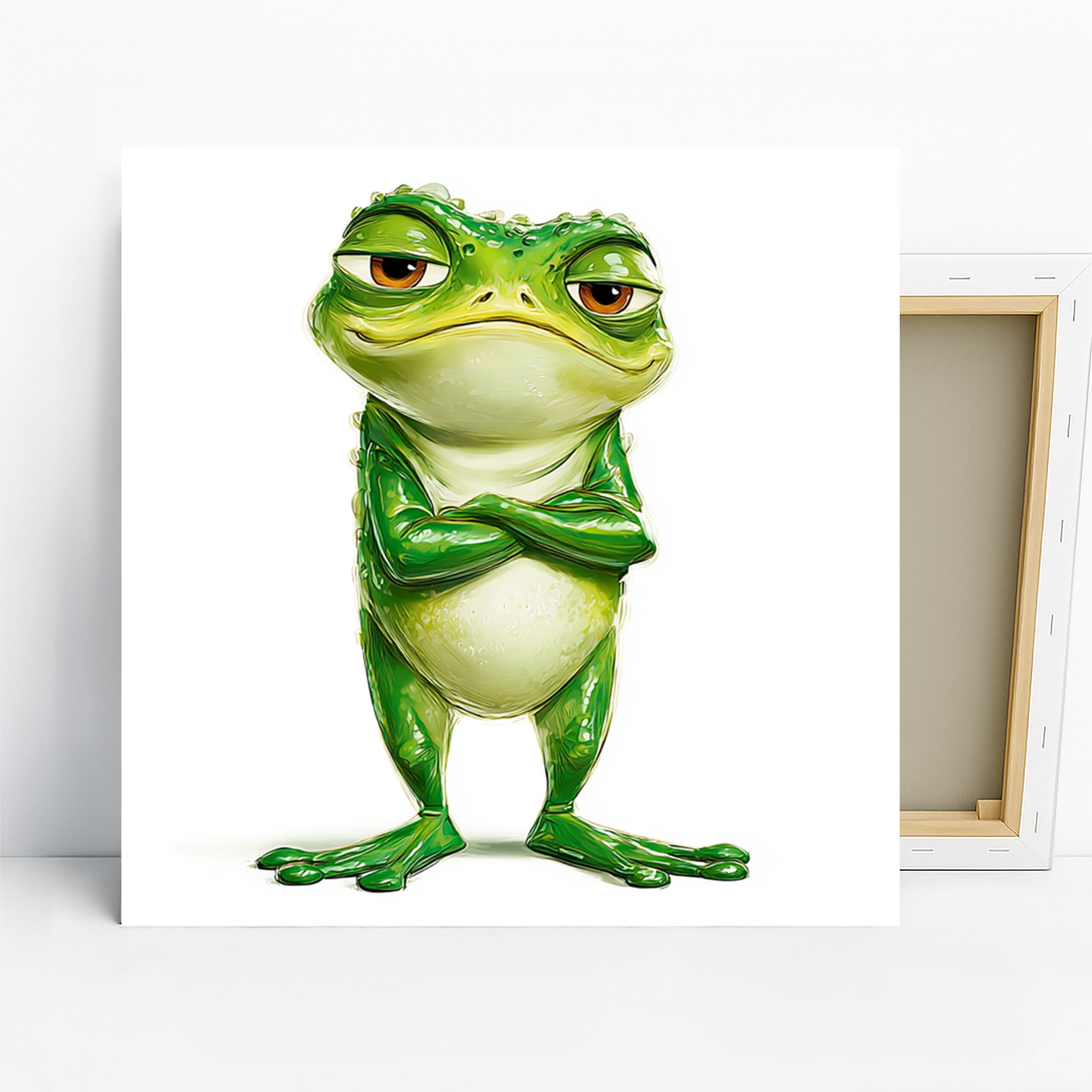 Grumpy Frog Art, Canvas or Poster, Whimsical Modern Decor, Living Room Office Children’s Room Bedroom Wall Art, Green Brown White