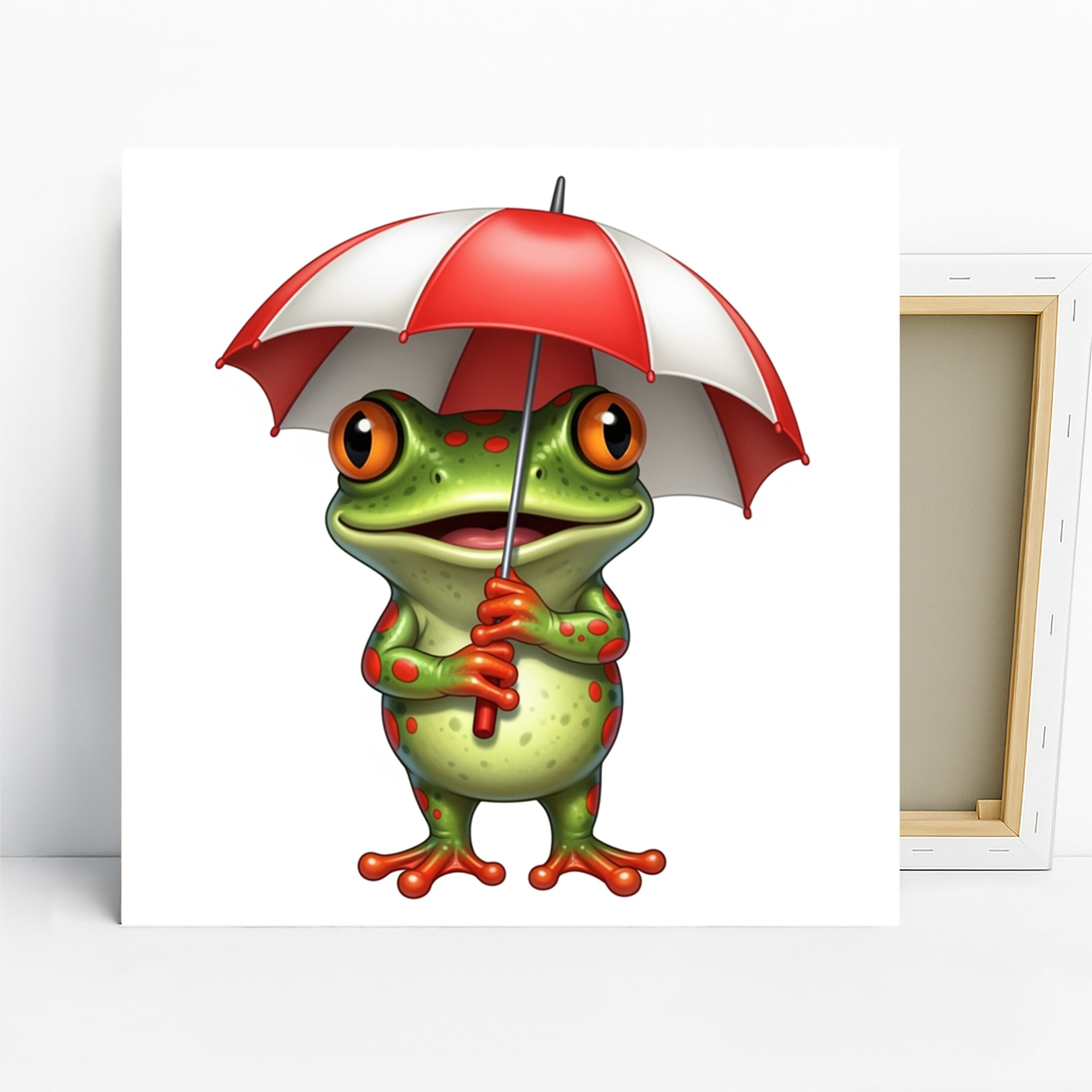 Frog Umbrella Art, Canvas or Poster, Whimsical Animal Decor, Children’s Room Bathroom Living Room Office Wall Art, Green Red White Orange