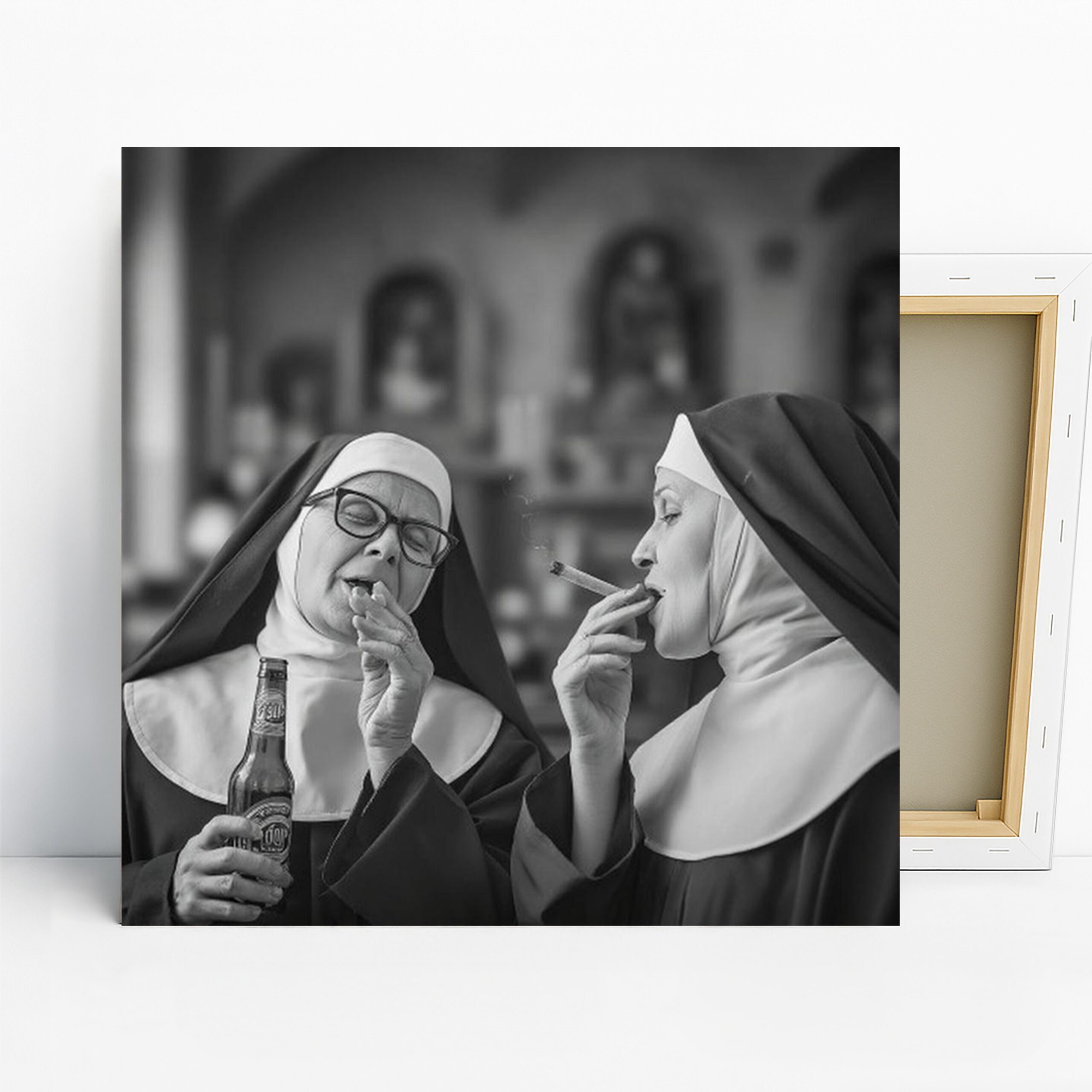 Rebellious Nuns Art, Canvas or Poster, Whimsical Retro Decor, Living Room Office Bedroom Game Room Wall Art, Black White Grey Monochrome