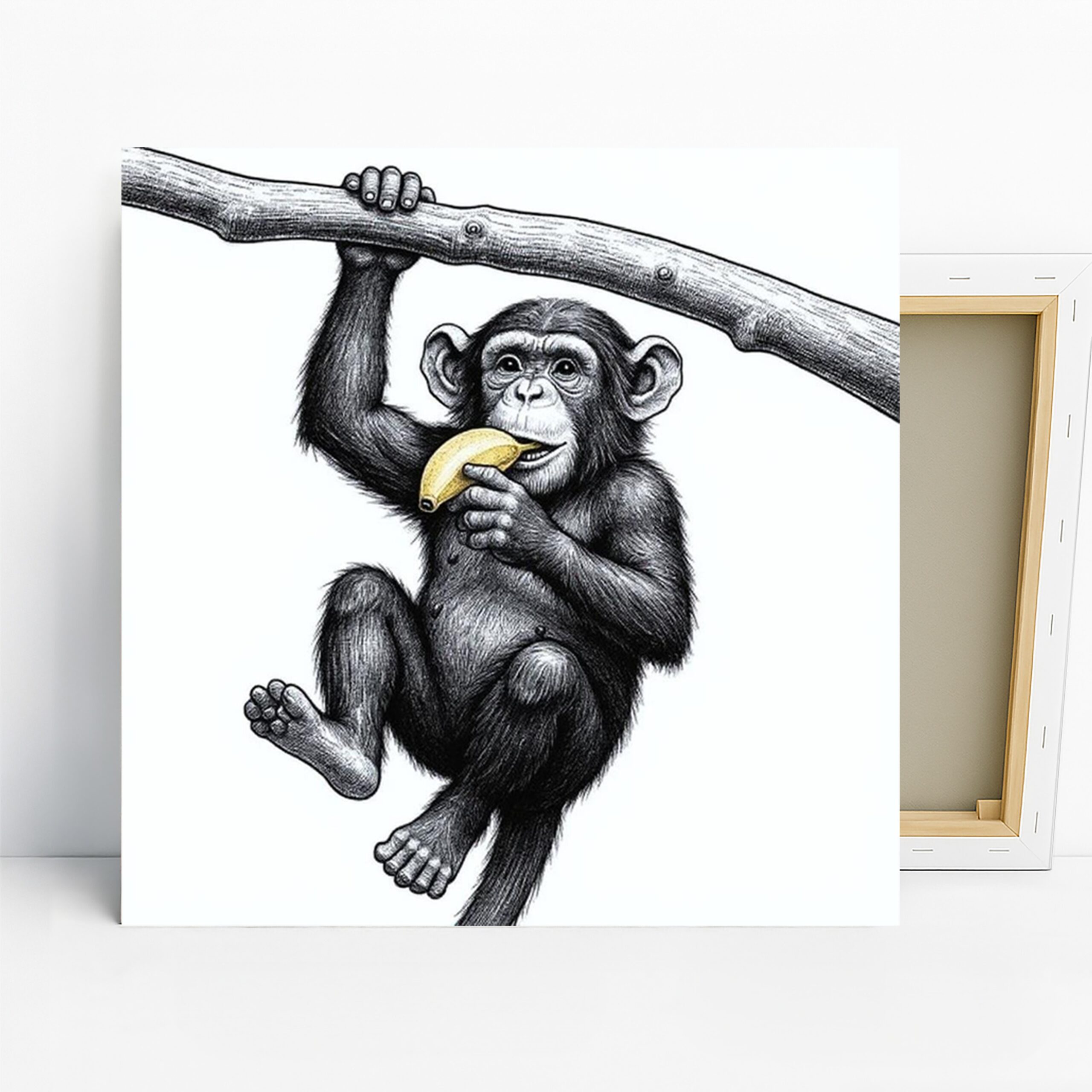 Chimpanzee Art, Canvas or Poster, Contemporary Whimsical Decor, Living Room Office Bedroom Children Room Wall Art, Black White Yellow Brown