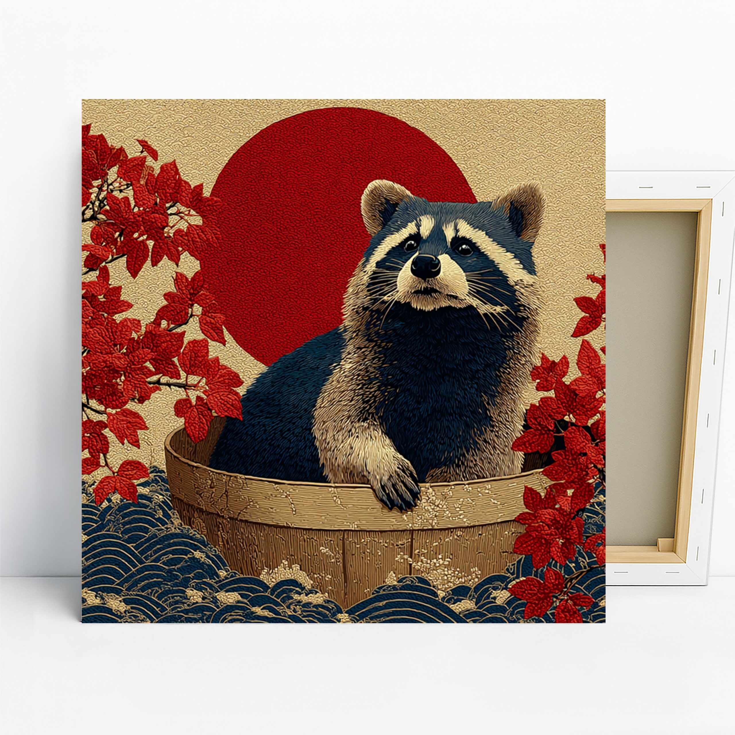 Raccoon Red Sun Art, Canvas or Poster, Contemporary Animal Decor, Living Room Bedroom Office Dining Room Wall Art, Red Blue Brown Beige