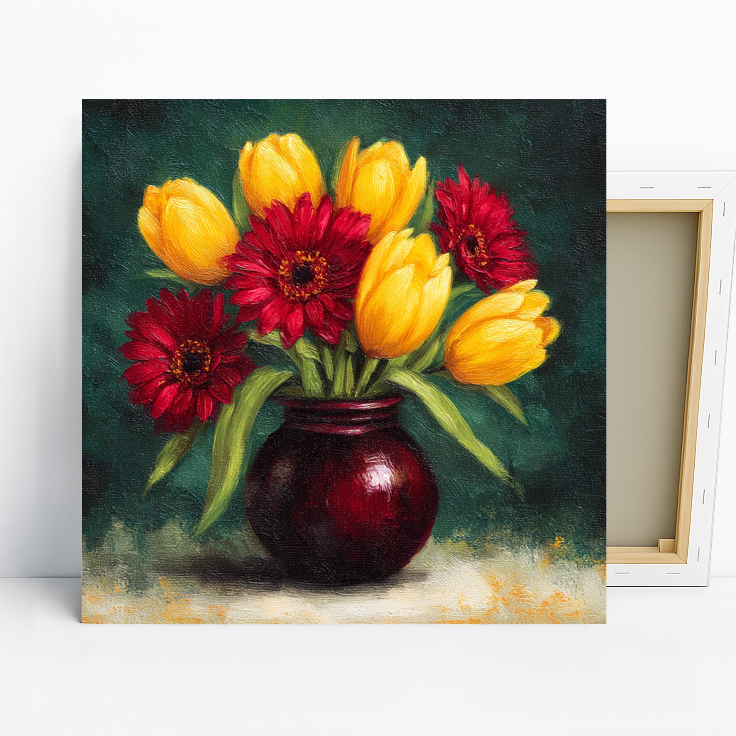 Tulips and Daisies Bouquet Art, Canvas or Poster, Still Life Traditional Decor, Living Room Dining Room Kitchen Wall Art, Yellow Red Green