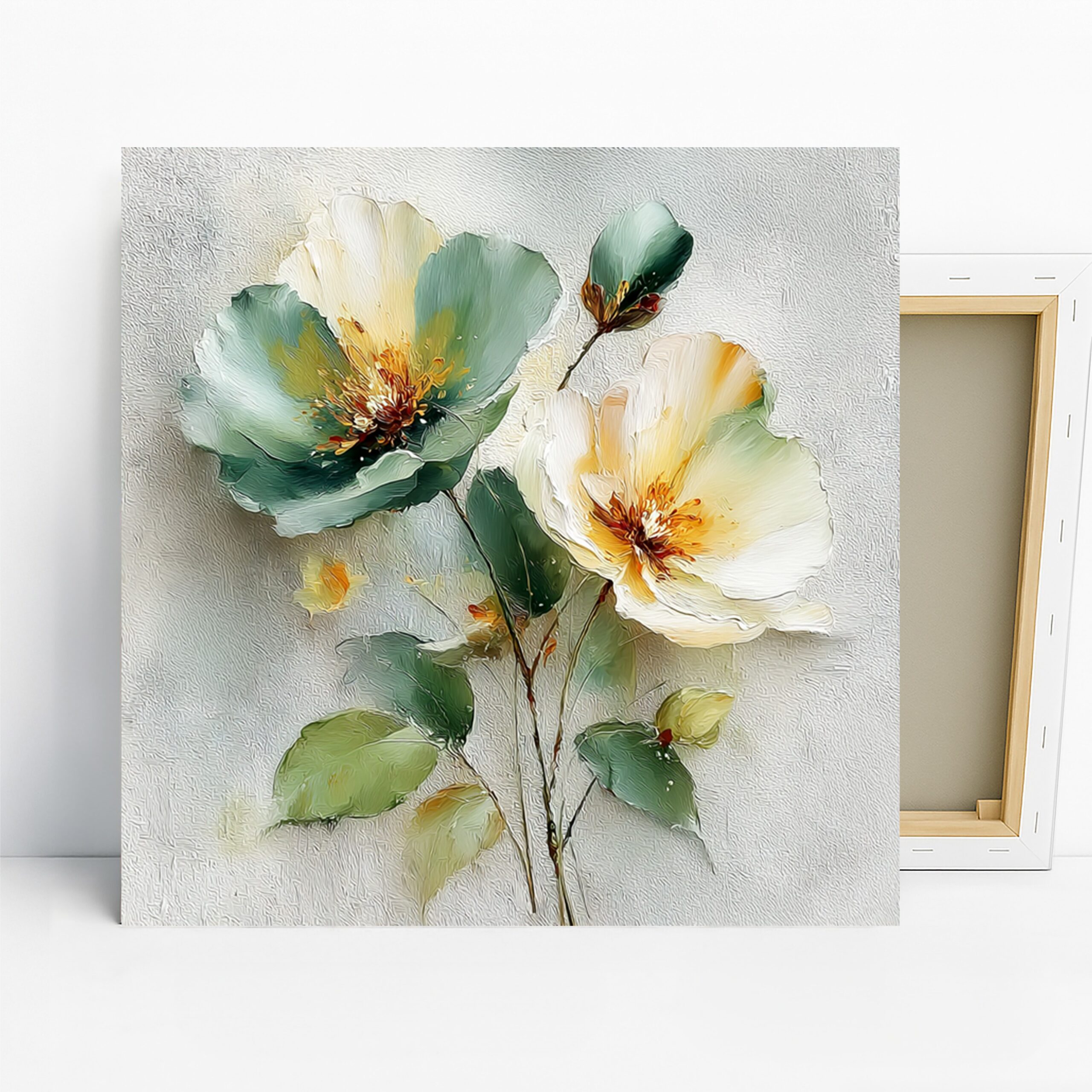 Delicate Poppy Blossoms Art, Canvas or Poster, Floral Nature Decor, Living Room Bedroom Dining Room Wall Art, White Green Yellow Floral Art