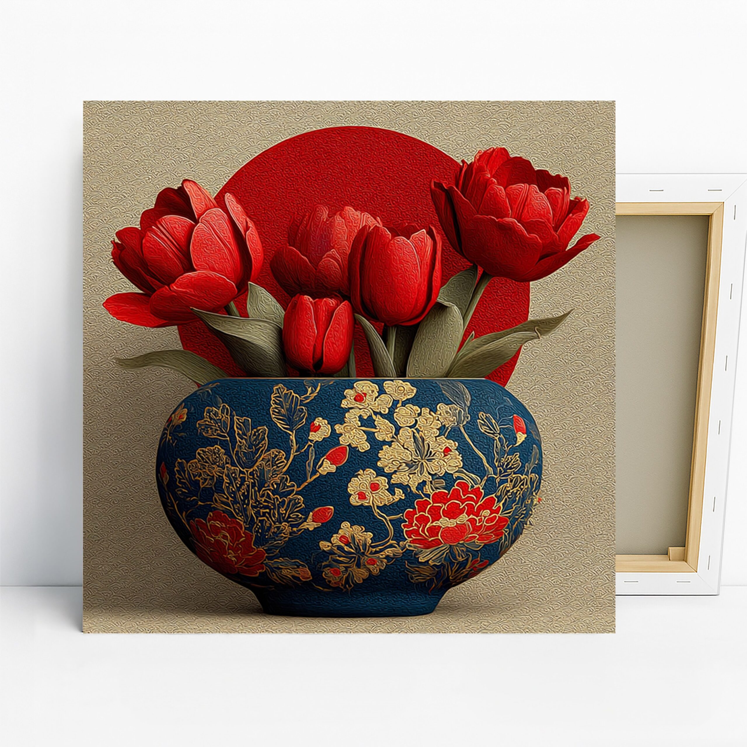 Red Tulips Art, Canvas or Poster, Floral Vintage Decor, Living Room Dining Room Bedroom Office Wall Art, Red Blue Gold Green