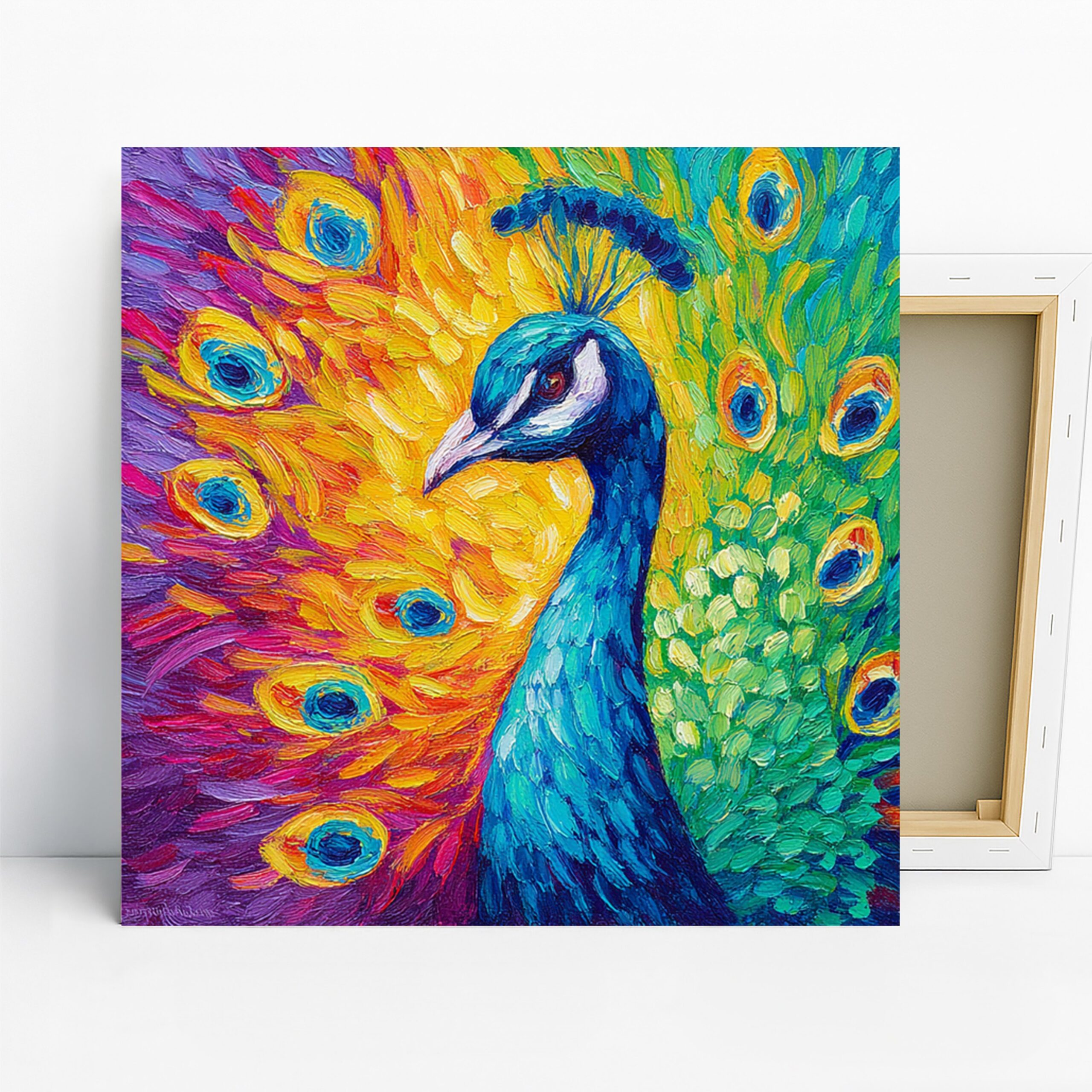 Peacock Art, Canvas or Poster, Contemporary Whimsical Decor, Living Room Bedroom Office Wall Art, Blue Yellow Green Purple Colorful Print