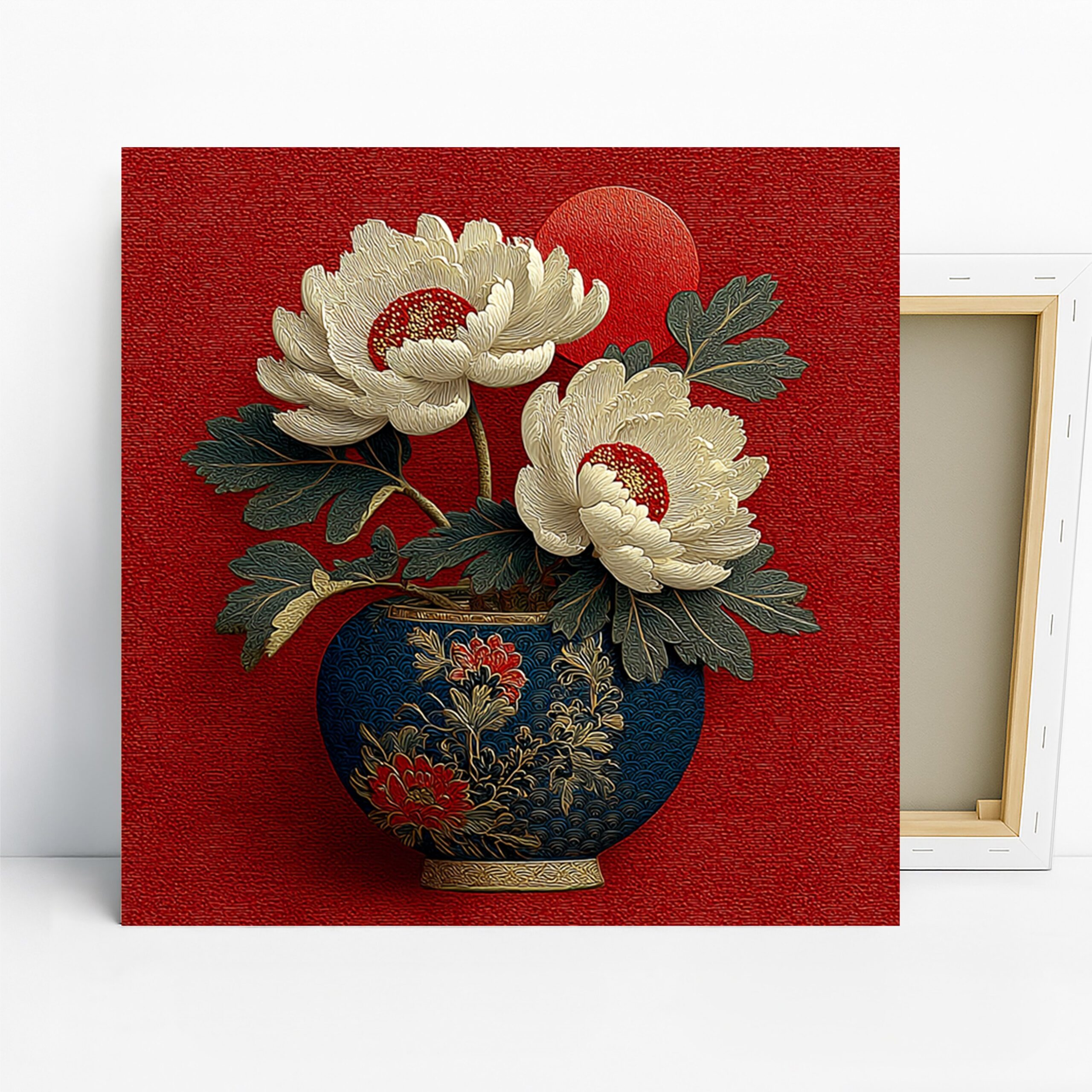Elegant Peony Vase Art, Canvas or Poster, Classic Floral Traditional Decor, Living Room Bedroom Office Wall Art, Red Blue Green