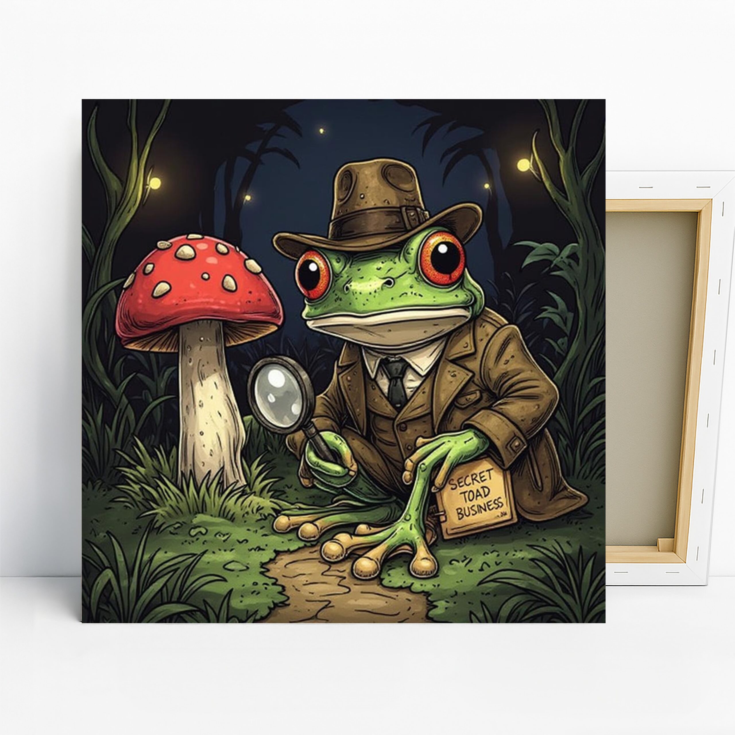 Frog Detective Art, Canvas or Poster, Whimsical Nature Decor, Office Living Room Game Room Wall Art, Green Brown Red and Black