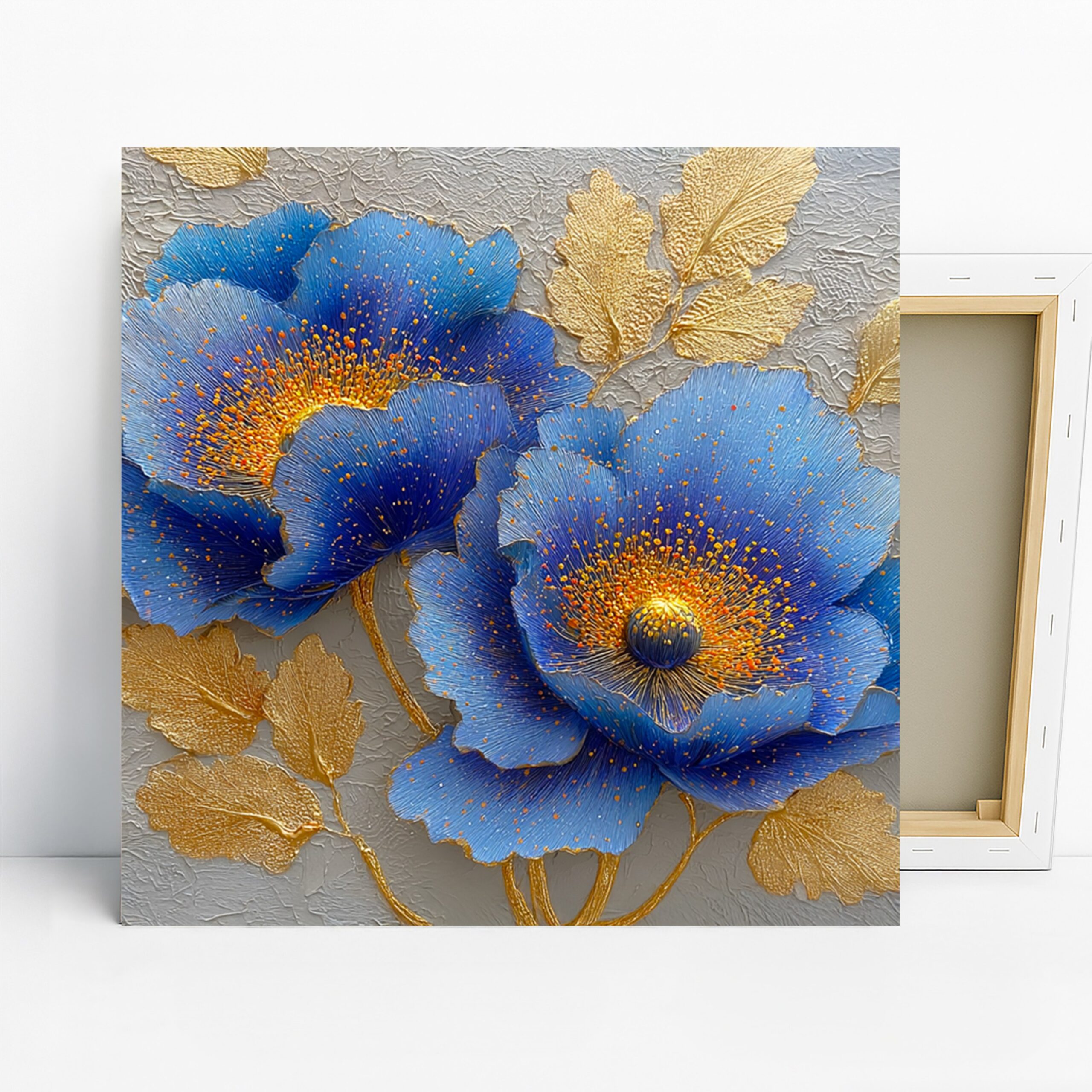 Blue Peony Art, Canvas or Poster, Floral Contemporary Decor, Living Room Bedroom Office Wall Art, Blue Gold Grey, Glamorous Home Decor
