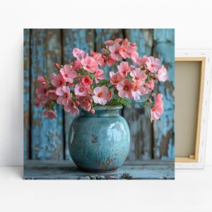Pink Geraniums Teal Vase Art