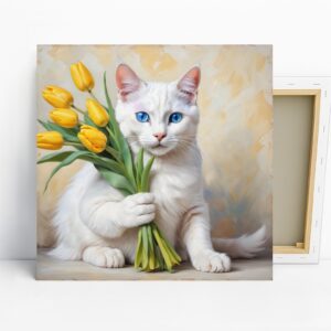 White Cat With Yellow Tulips Art