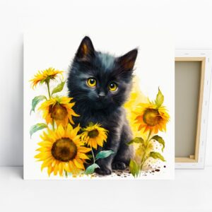 Black Cat and Sunflowers Art