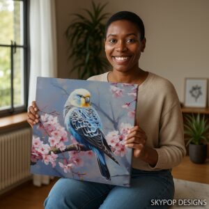 Blue Budgie Cherry Blossom Art