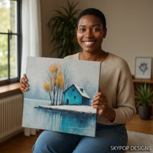 Lakeside Blue Cabin Art