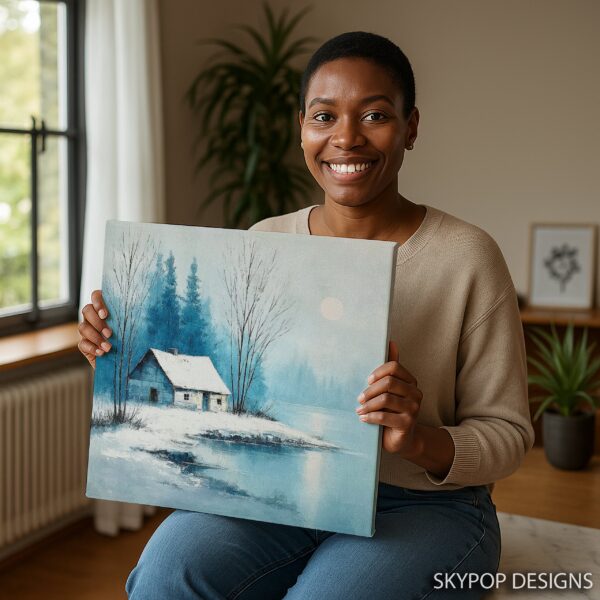 Winter Cabin Lake Art