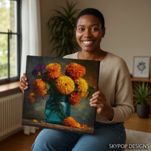 Marigolds in Teal Jar Art