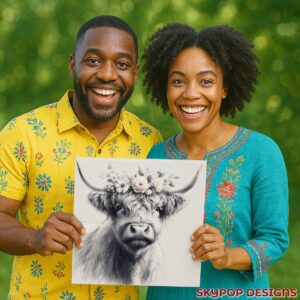Highland Cow Floral Crown Art