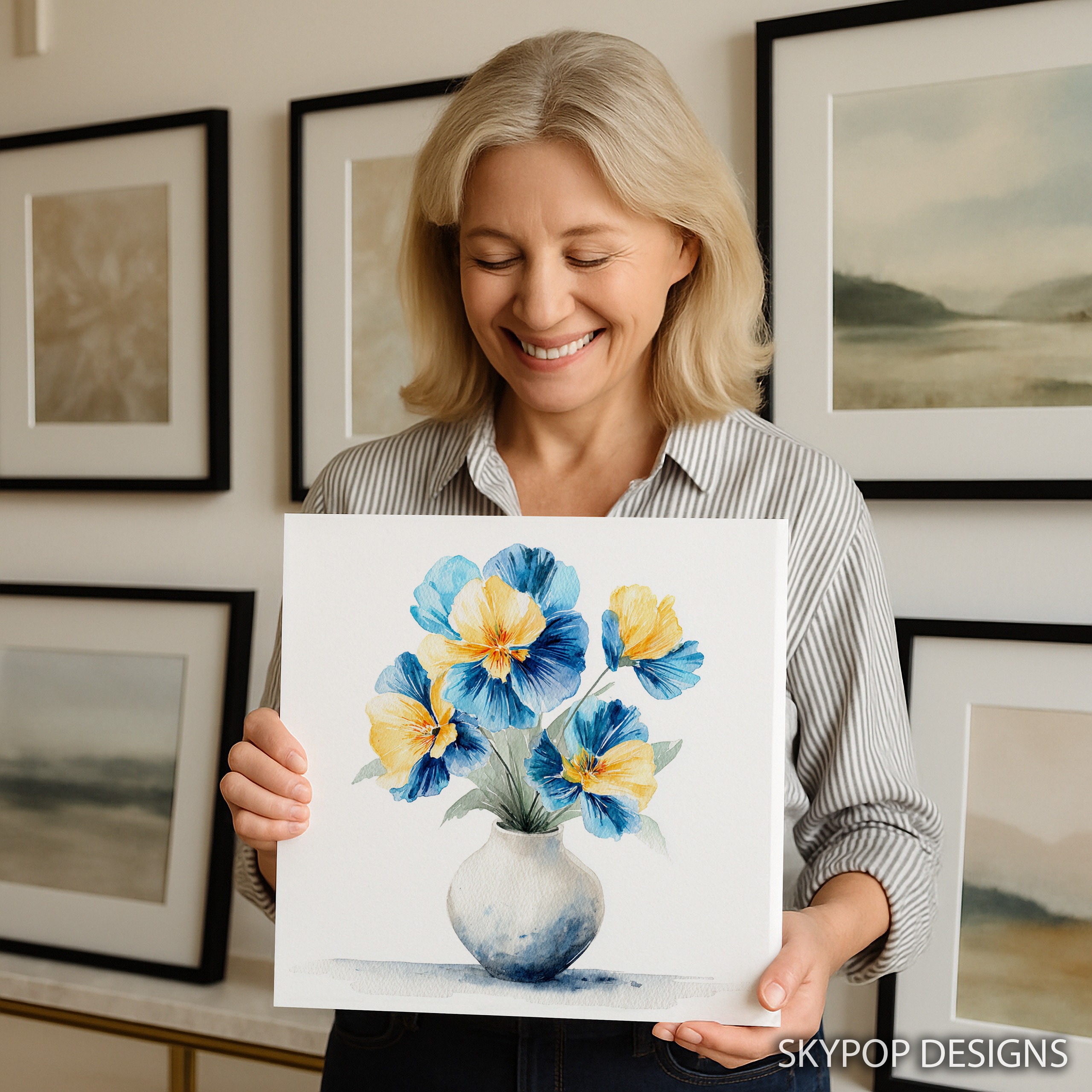 3.jpg Blue Yellow Pansy Bouquet Art