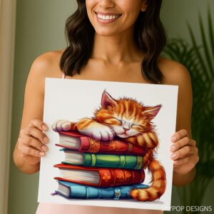 Cat Reading Books Art